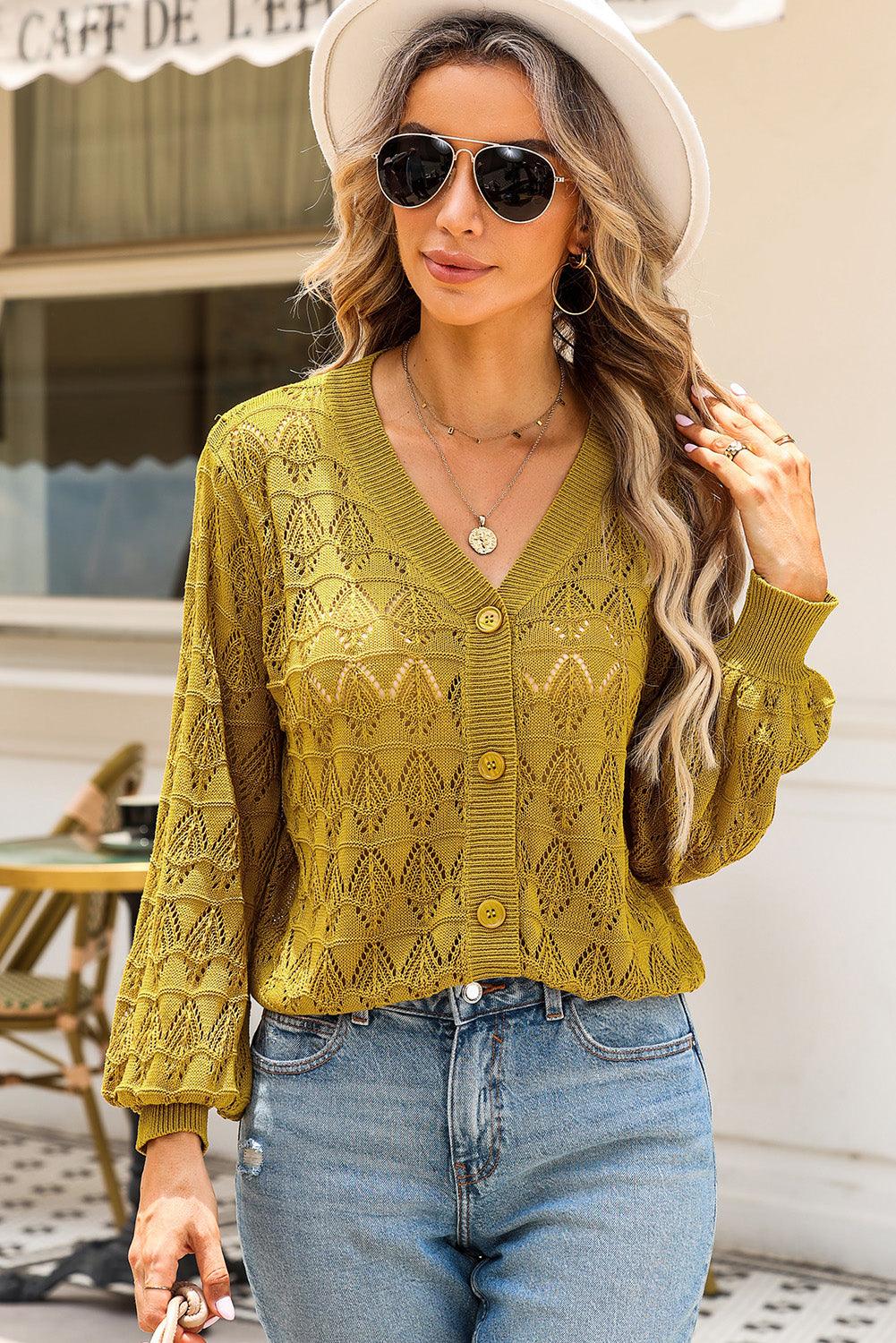 Openwork V-Neck Cardigan Carauana Store