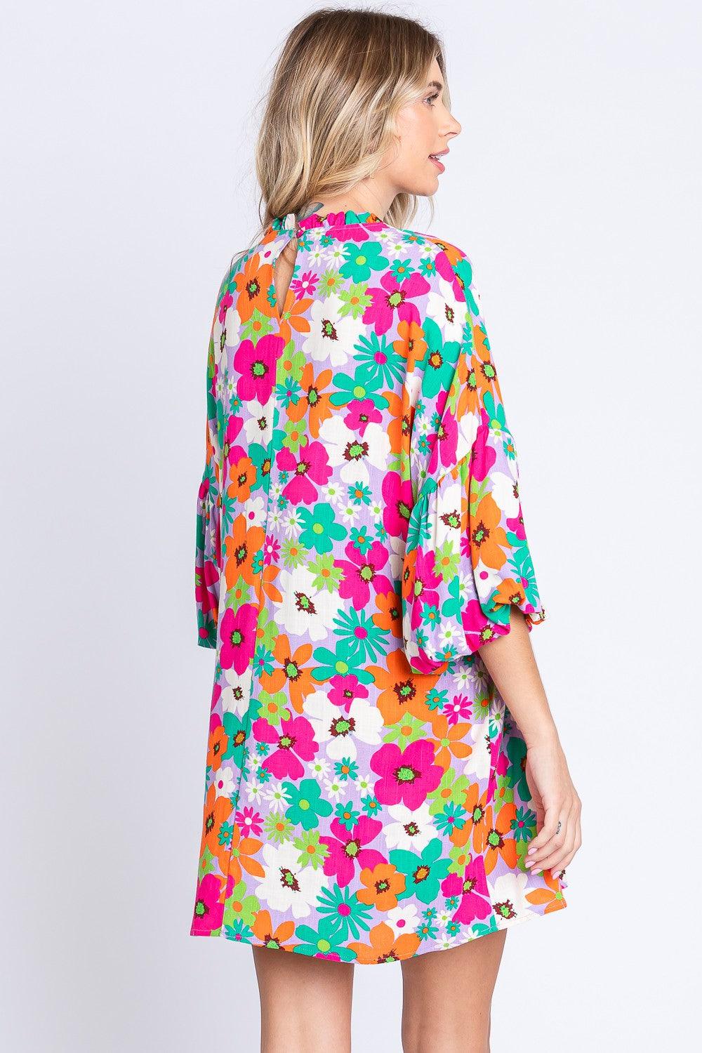 GeeGee Full Size Floral Round Neck Lantern Sleeve Mini Dress Carauana Store