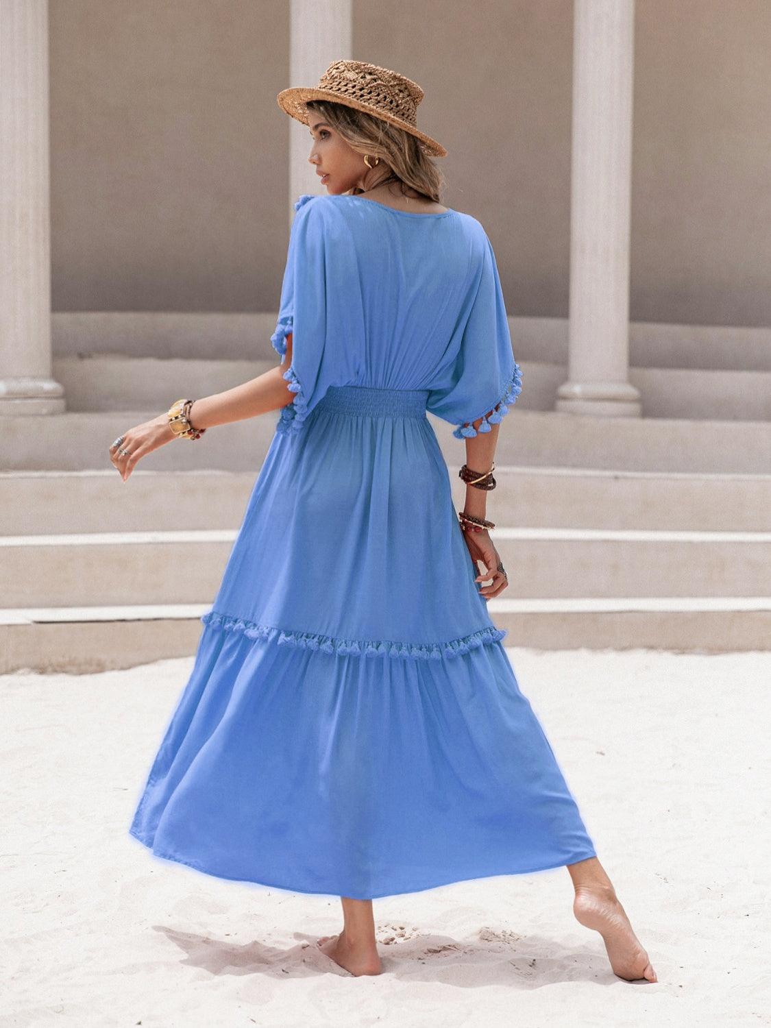 Tassel Trim Smocked V-Neck Short Sleeve Dress Carauana Store