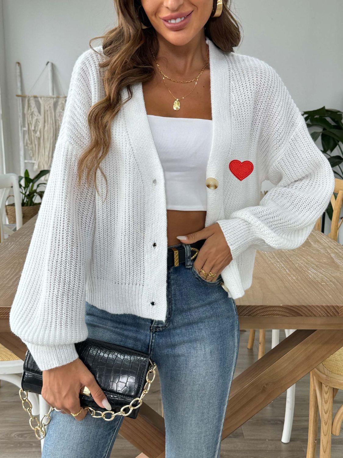 Heart Button Down V-Neck Long Sleeve Cardigan Carauana Store