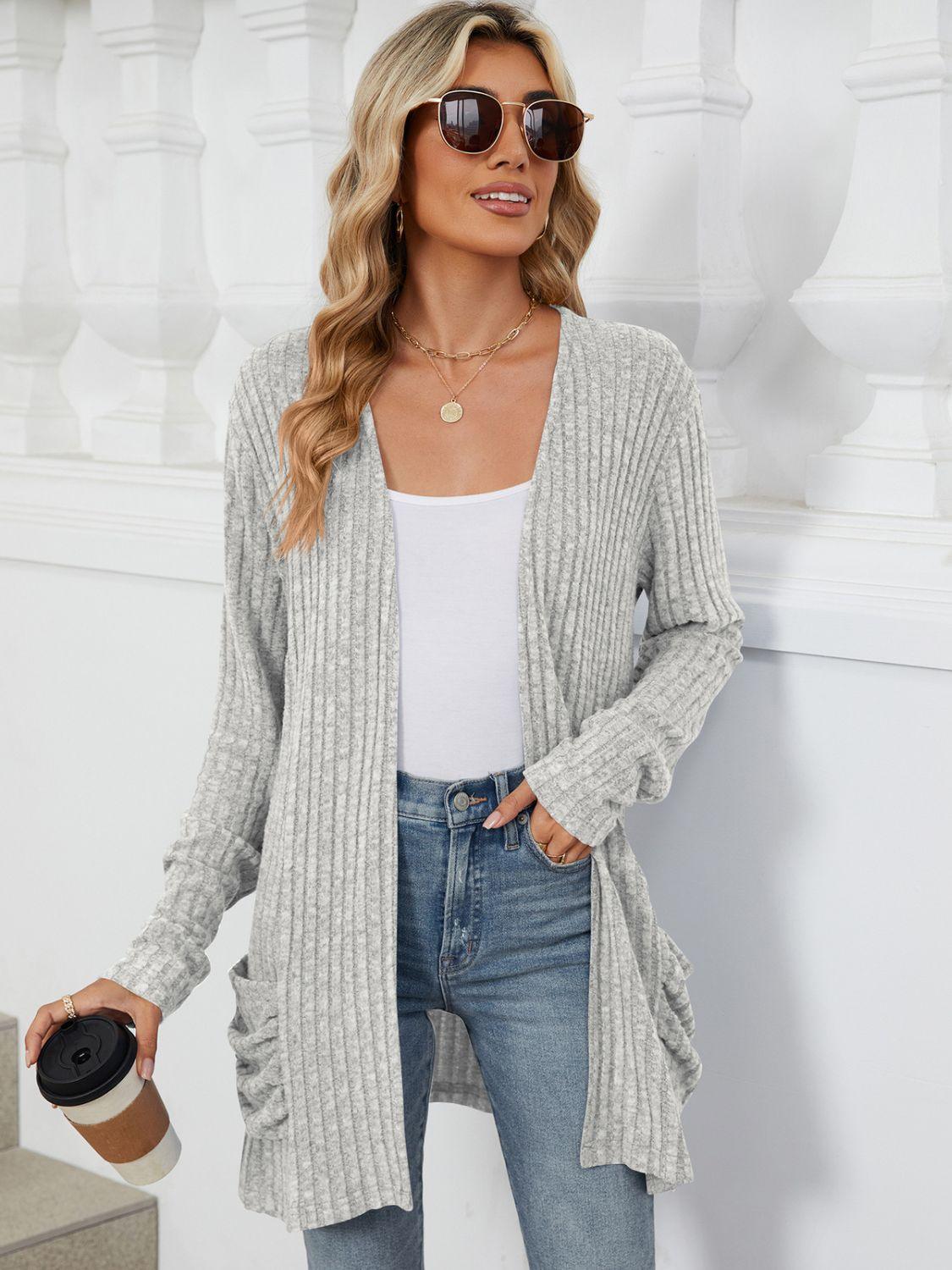 Pocketed Open Front Long Sleeve Cardigan Carauana Store