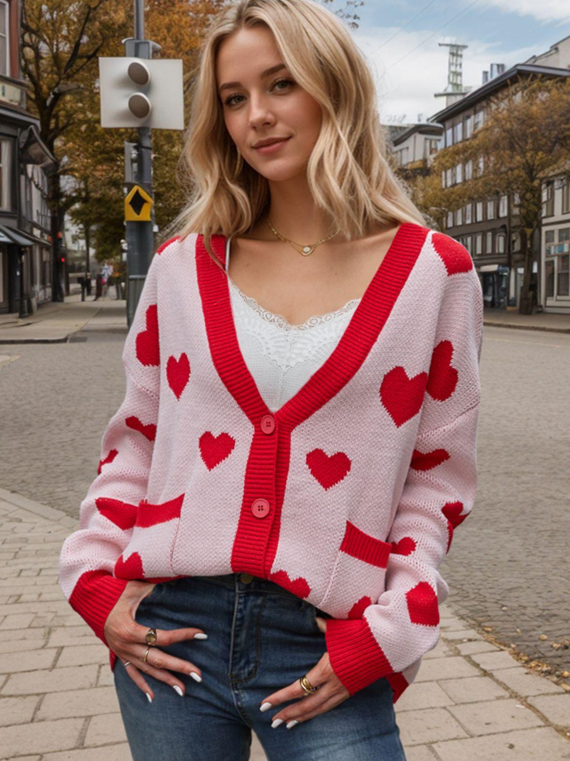 Heart Button Up Dropped Shoulder Long Sleeve Cardigan Carauana Store