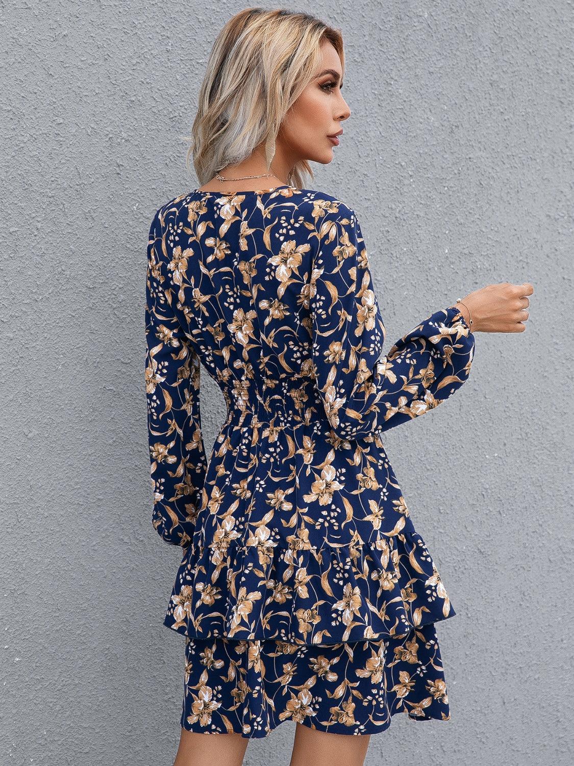 Floral Layered Surplice Balloon Sleeve Dress Carauana Store
