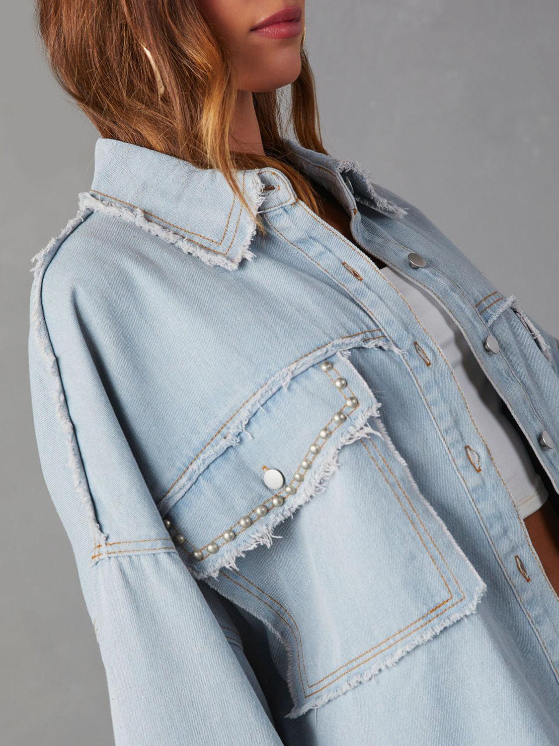 Button Down Raw Hem Denim Jacket Carauana Store
