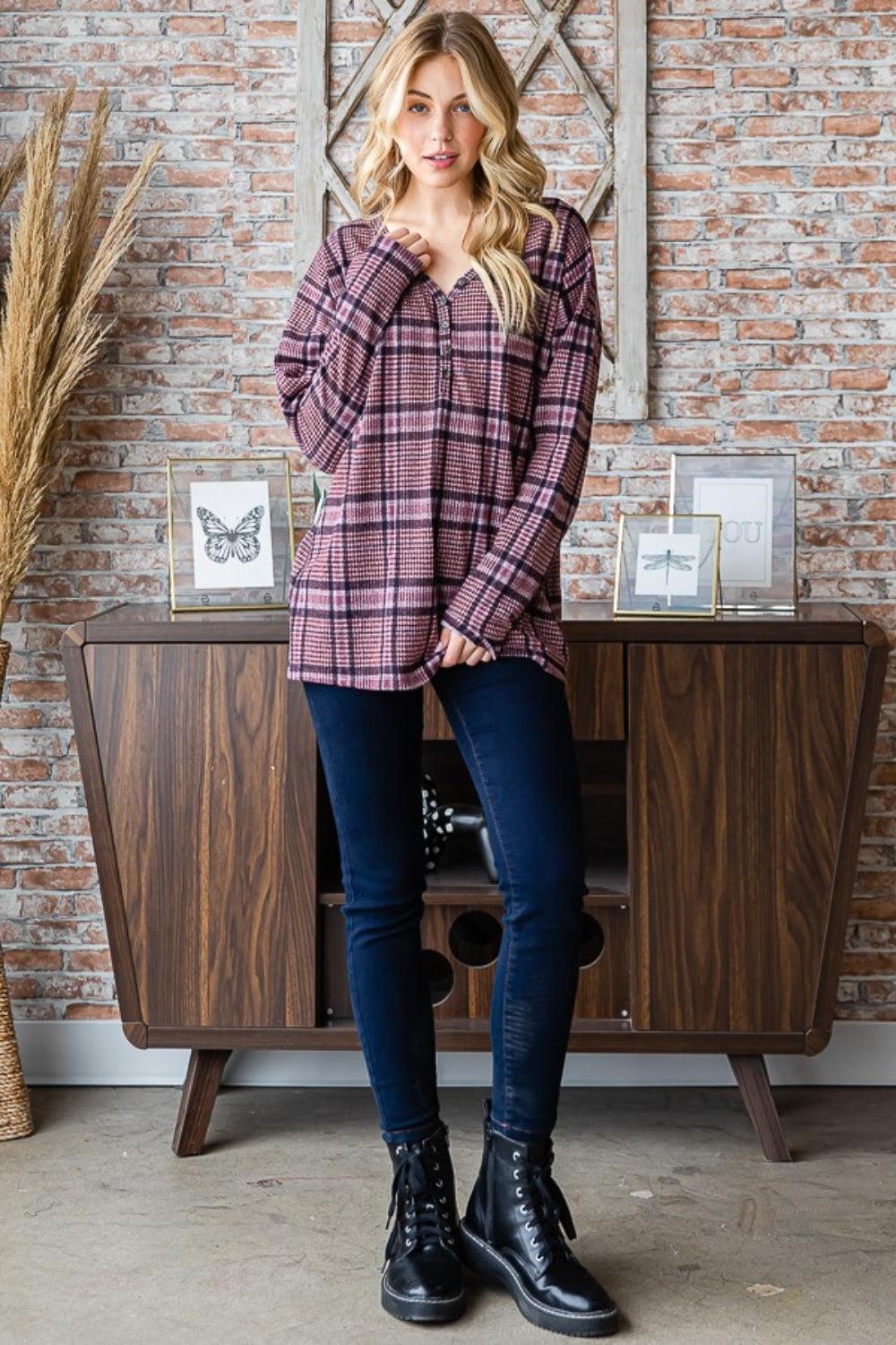 Heimish Full Size Plaid V-Neck Long Sleeve Top Carauana Store