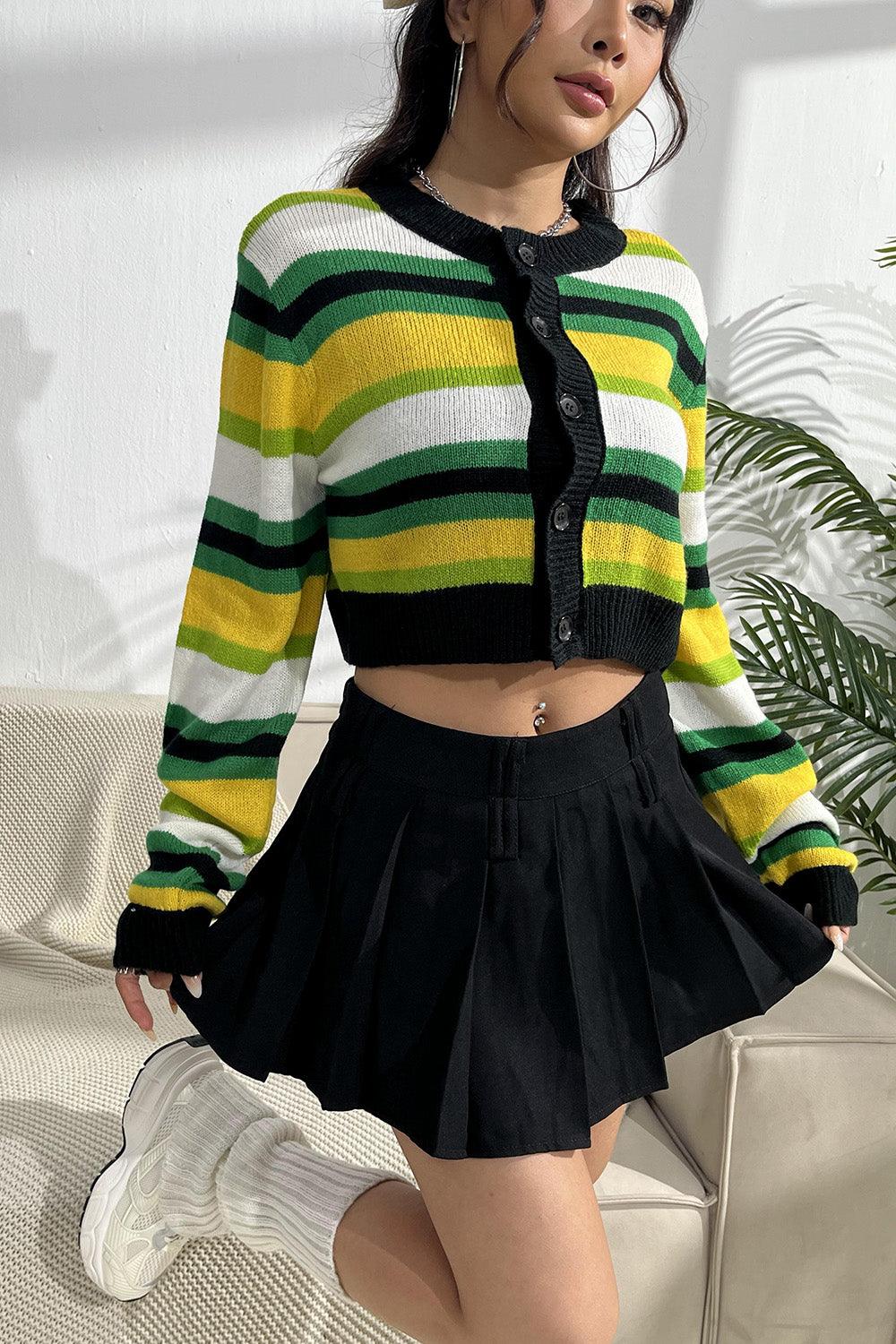 Striped Button Up Contrast Cropped Cardigan Carauana Store