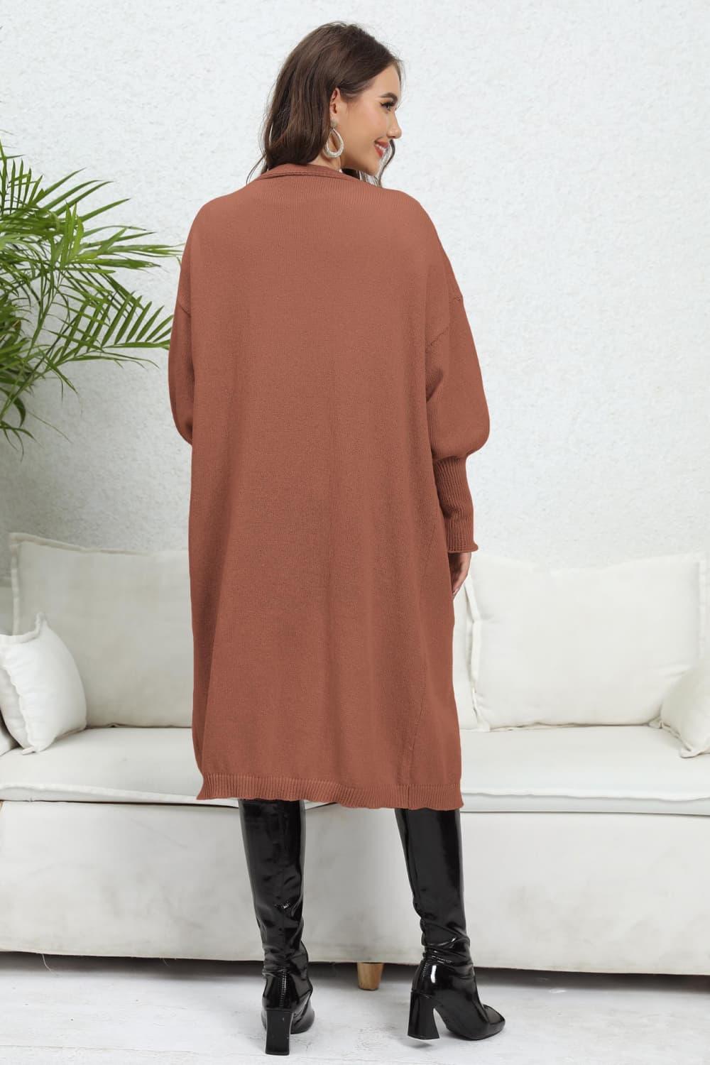 Lantern Sleeve Open Front Pocketed Cardigan Carauana Store