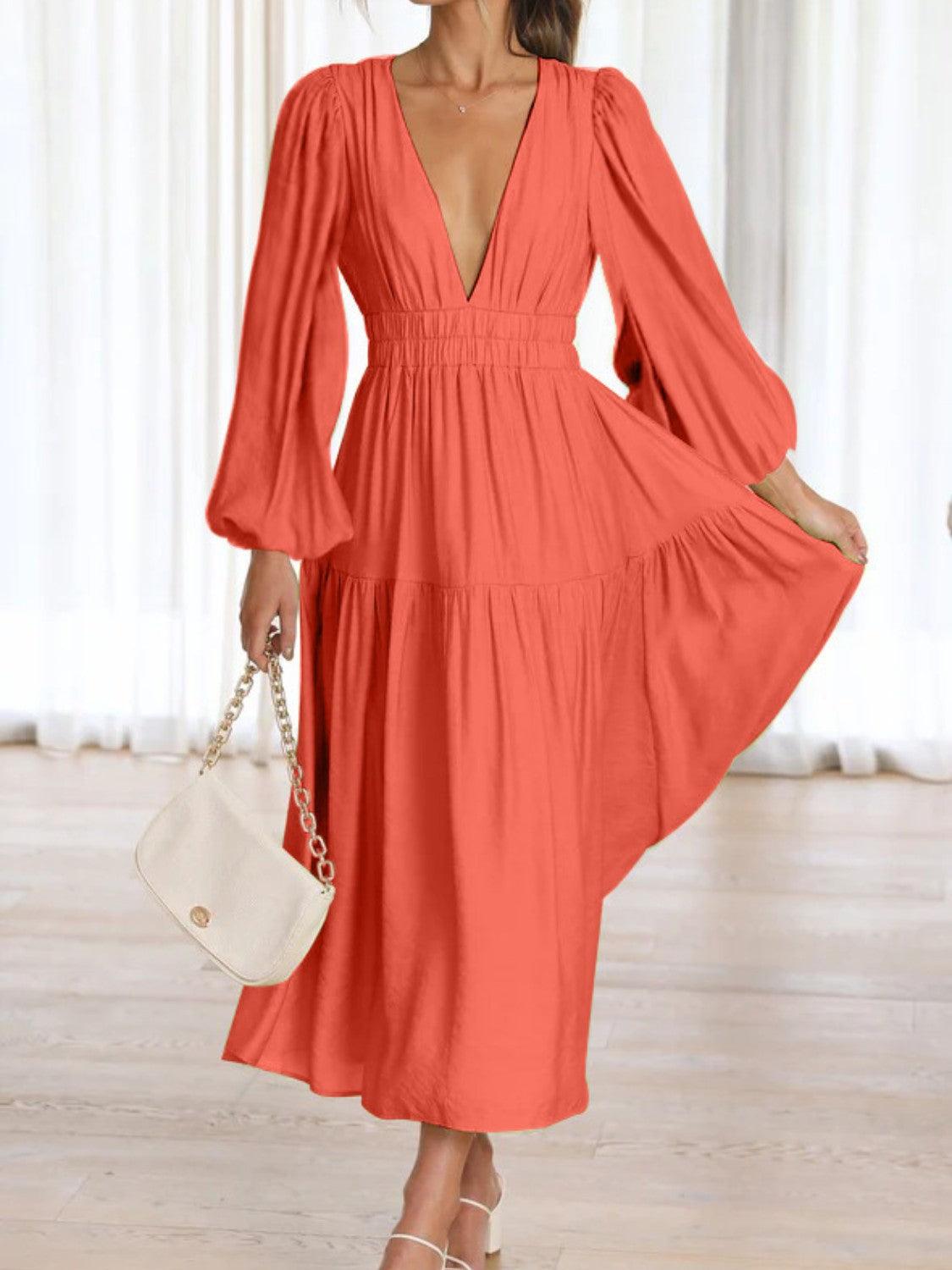 Deep V-Neck Balloon Sleeve Plain Maxi Dress Carauana Store