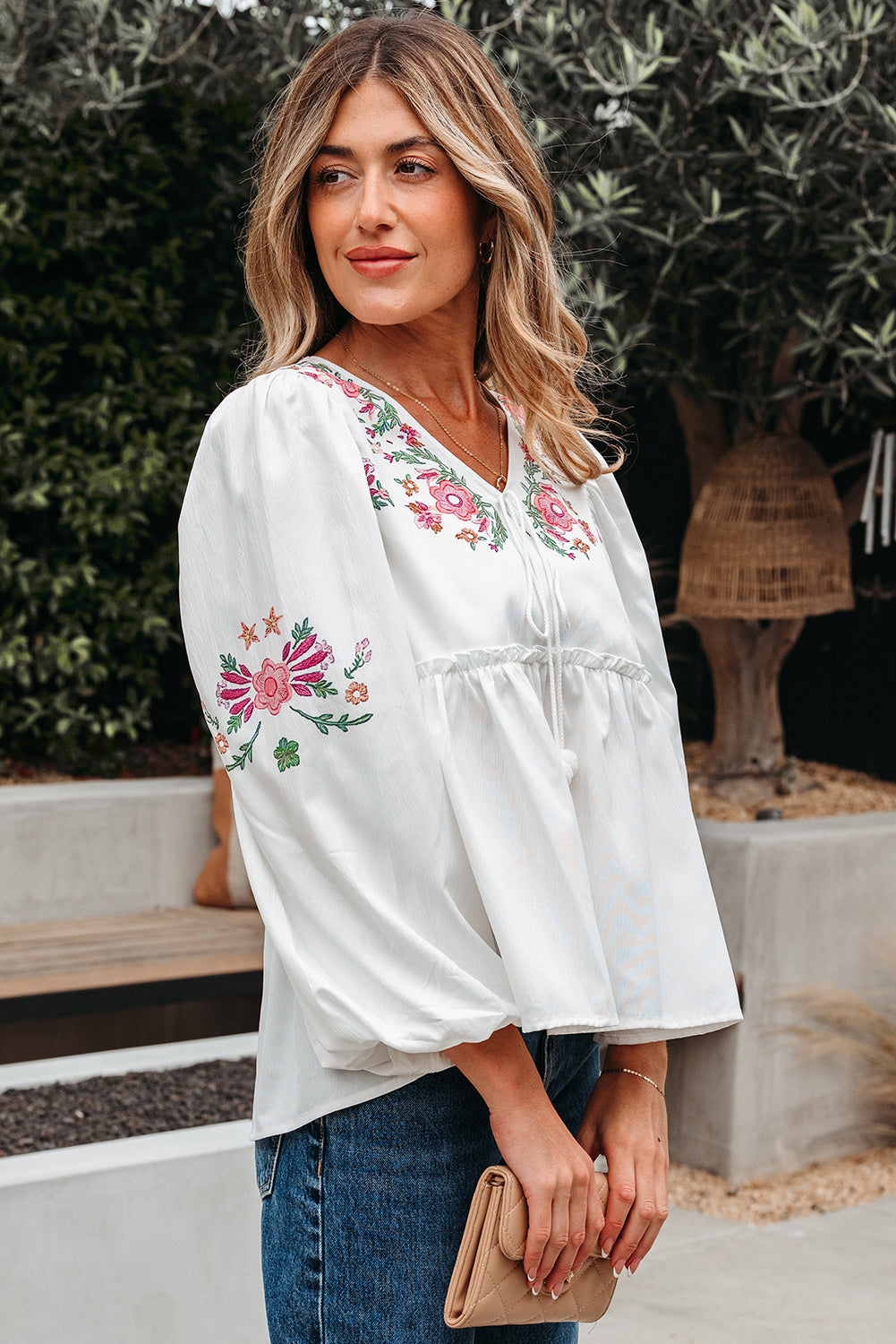 White Flower Print Lace-up V Neck Babydoll Blouse