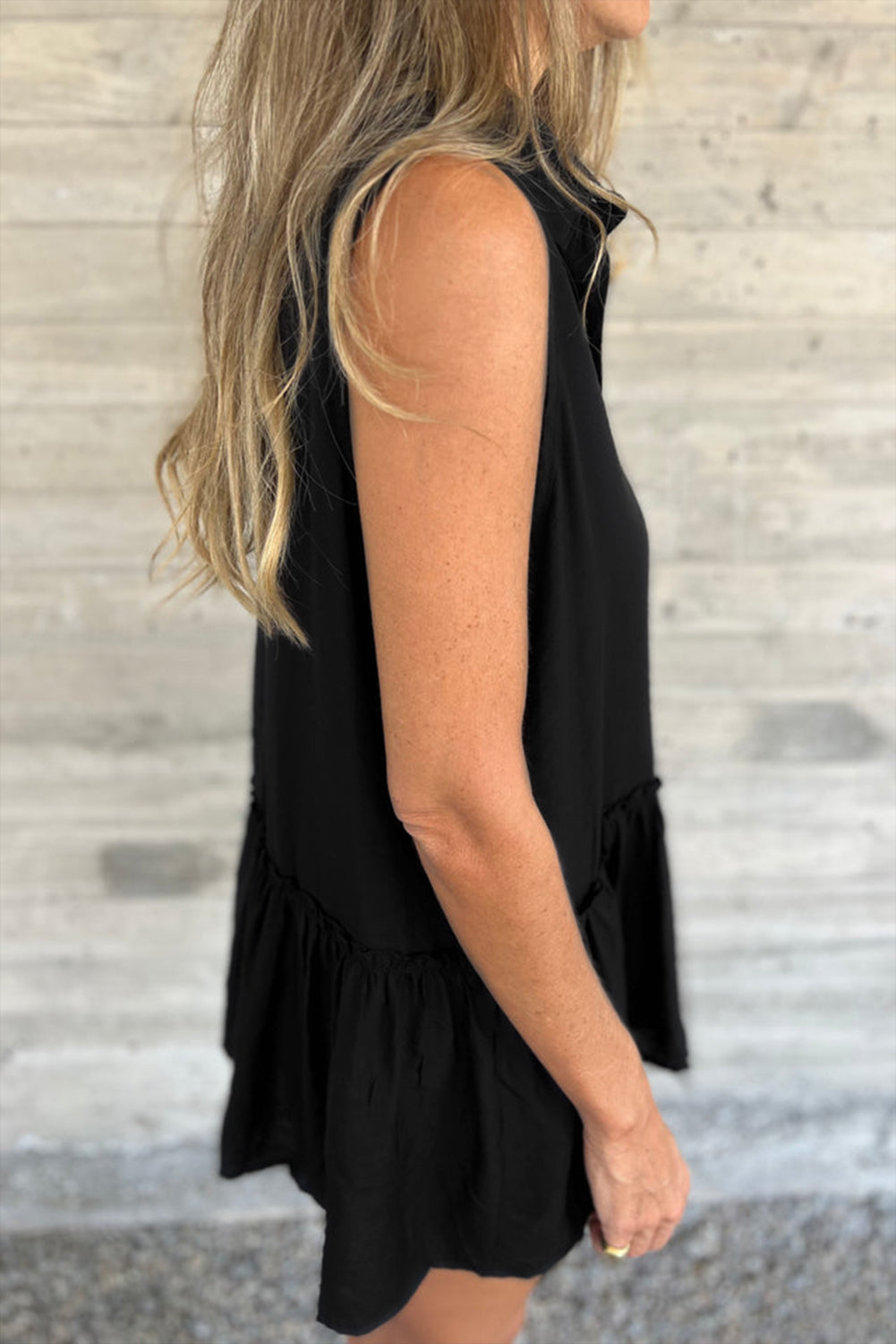 Black Sleeveless Buttoned Front Ruffle Hem Tunic Shirt