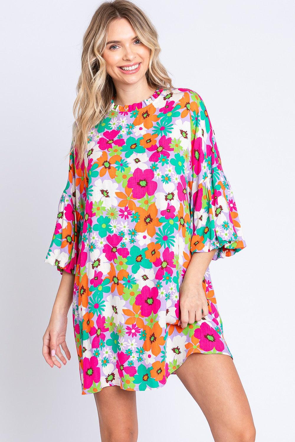 GeeGee Full Size Floral Round Neck Lantern Sleeve Mini Dress Carauana Store