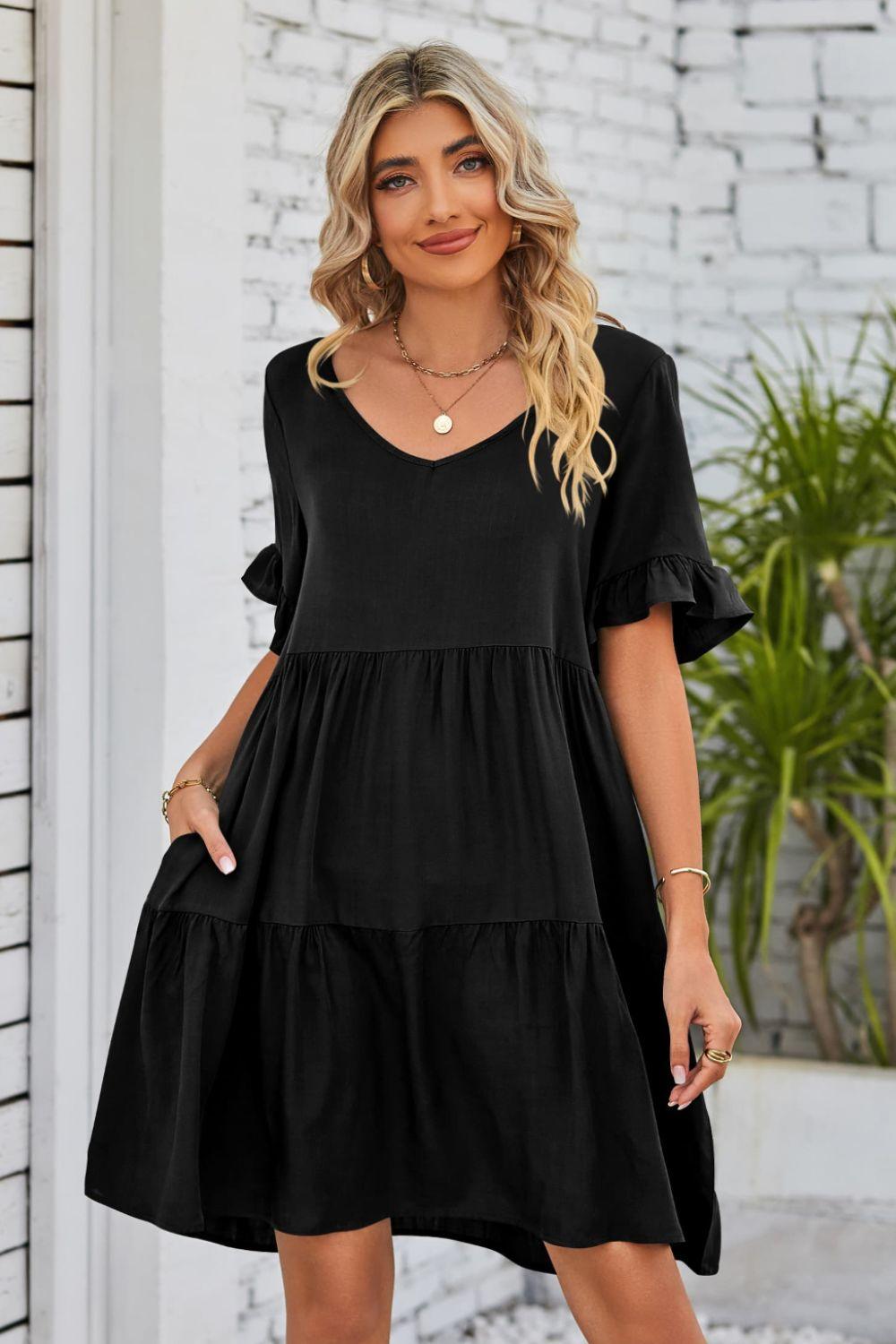 V-Neck Flounce Sleeve Tiered Dress Carauana Store