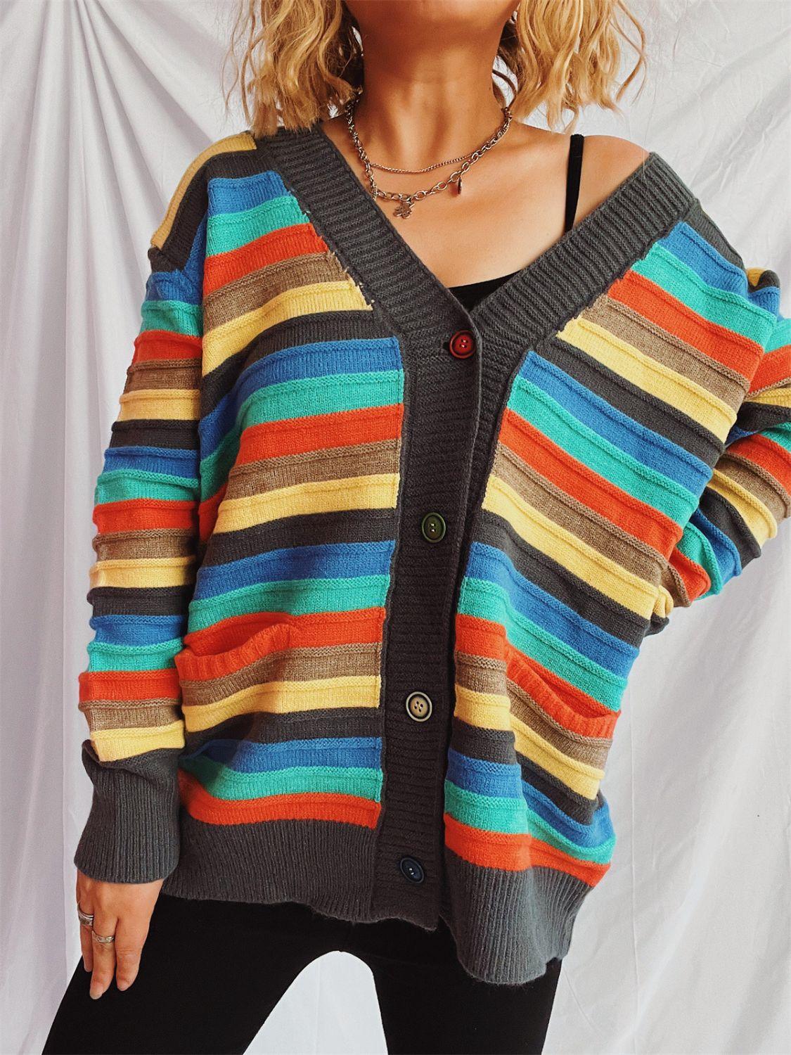 Contrast Stripes Button Up Long Sleeve Cardigan Carauana Store