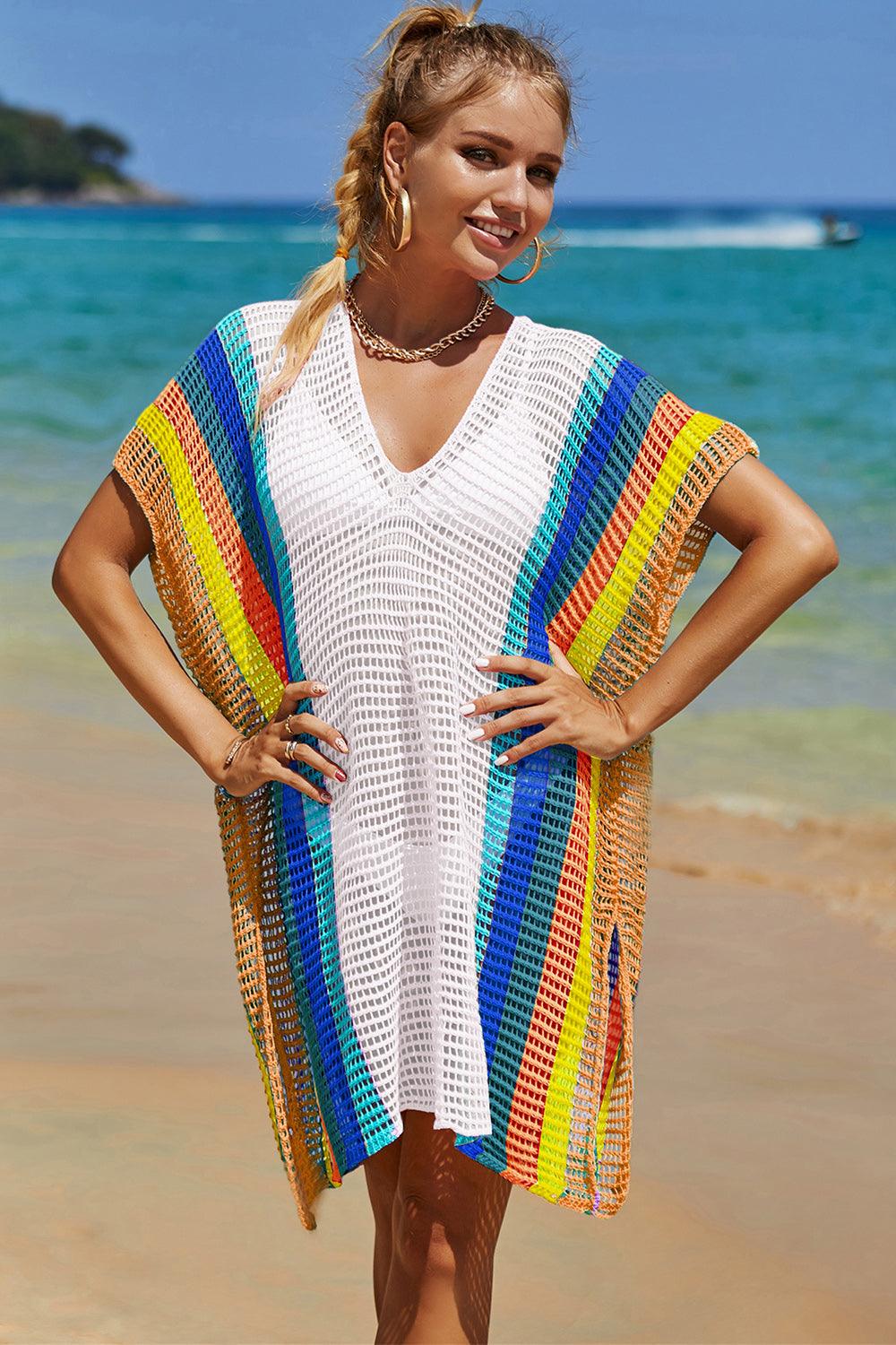 Double Take Openwork Striped Slit Knit Cover Up Carauana Store