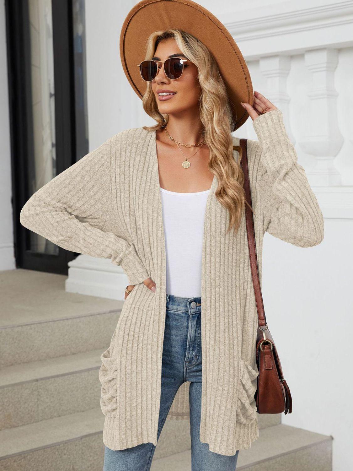 Pocketed Open Front Long Sleeve Cardigan Carauana Store