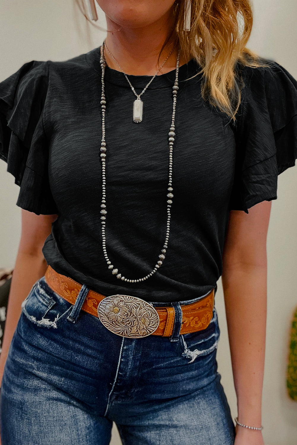 Black Layered Ruffle Short Sleeve Round Neck Top