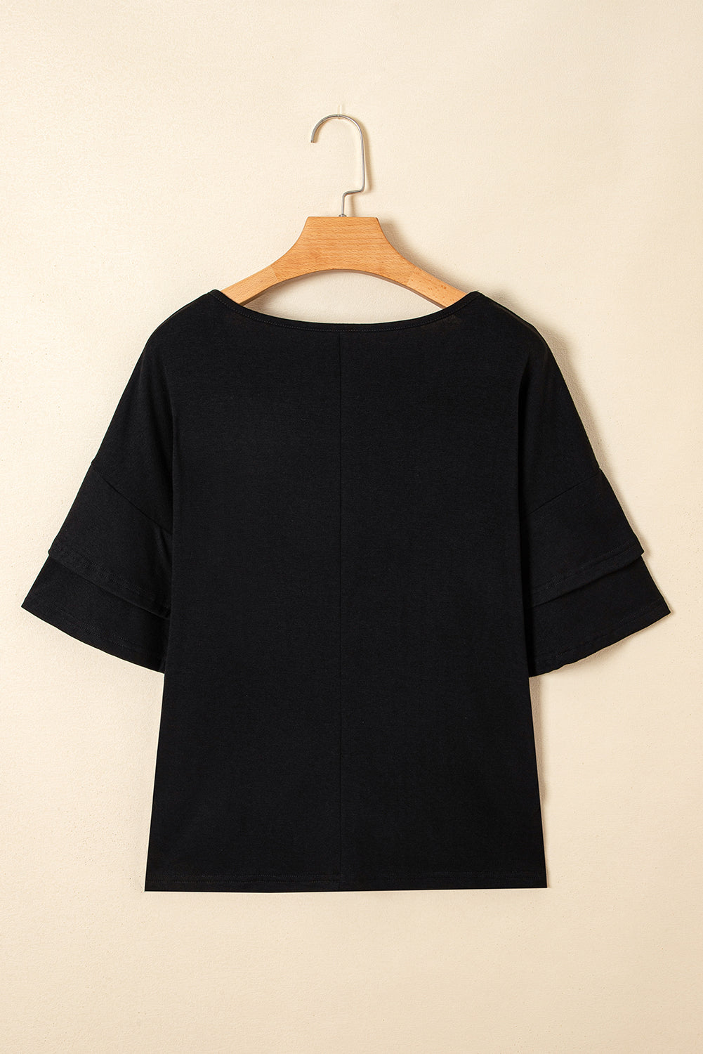 Black Solid Colour V-Neck Double Layer Sleeve Loose T-Shirt