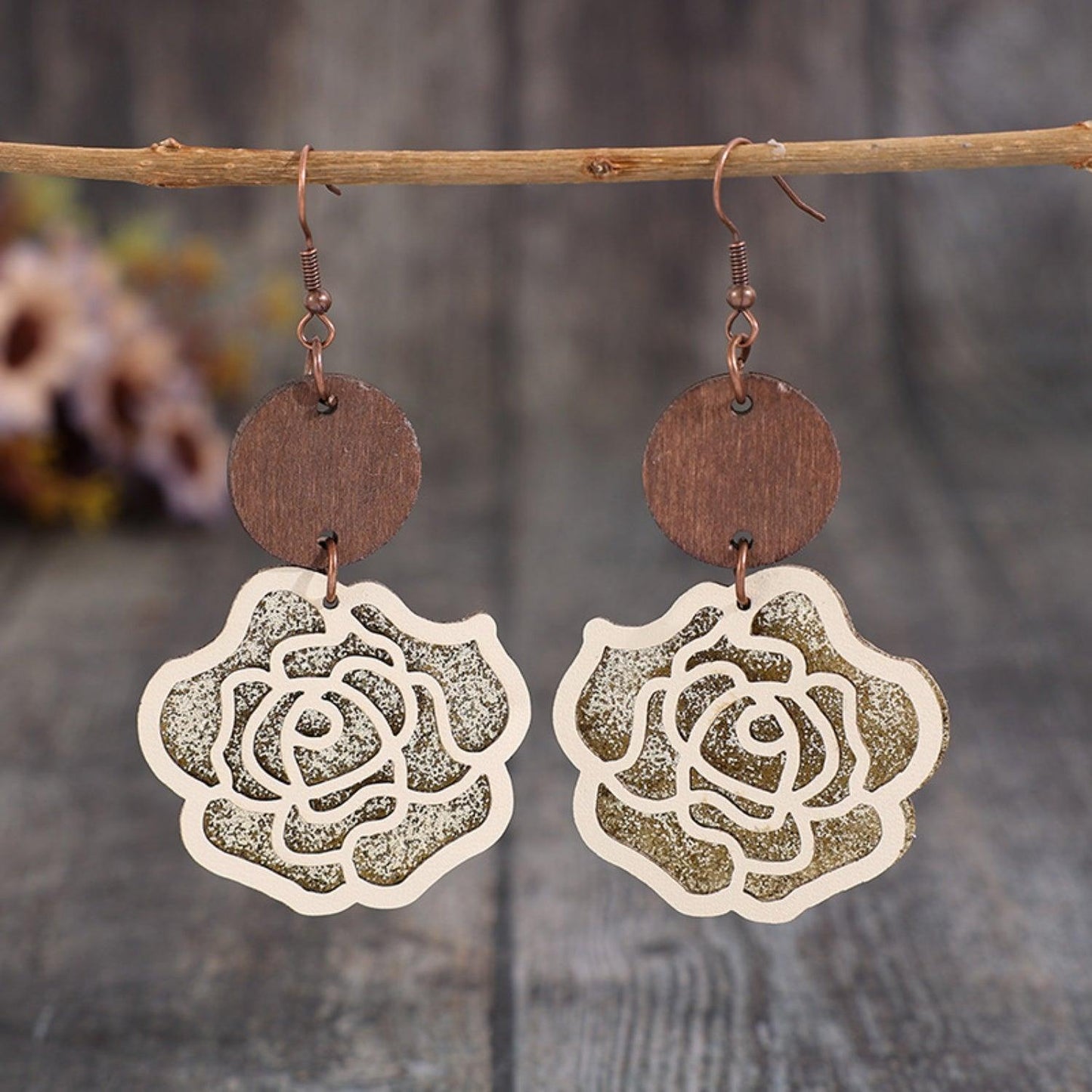 Wooden Alloy Rose Shape Dangle Earrings Carauana Store