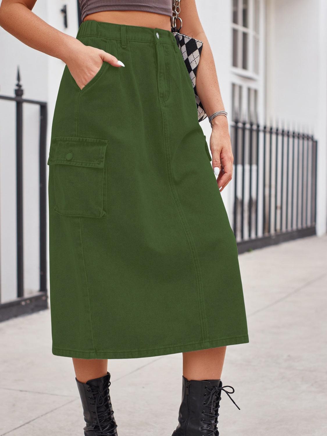 Slit Buttoned Denim Skirt with Pockets Carauana Store