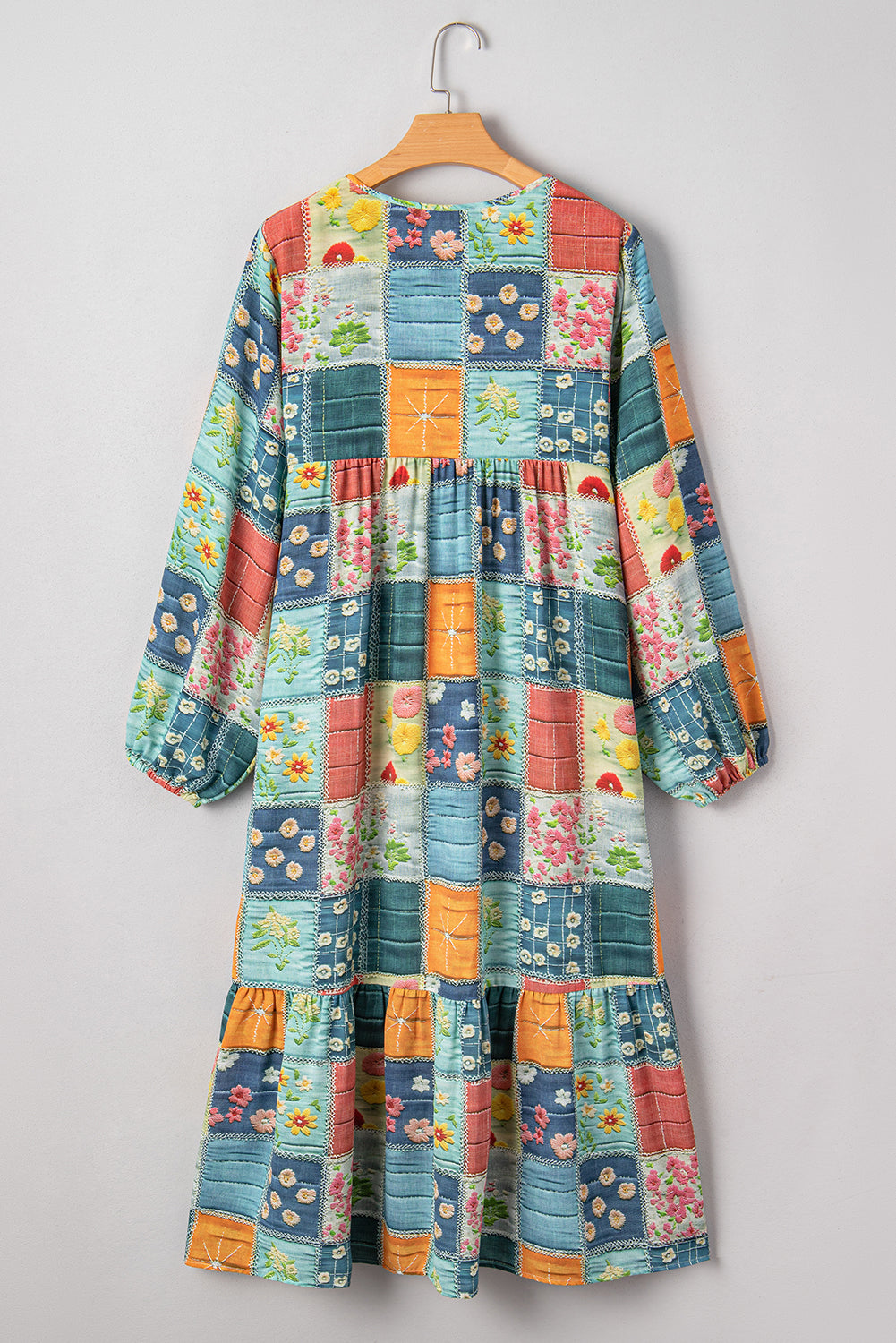 Sky Blue Mix Floral Checkered Pattern Bubble Sleeve Ruffle Hem Dress