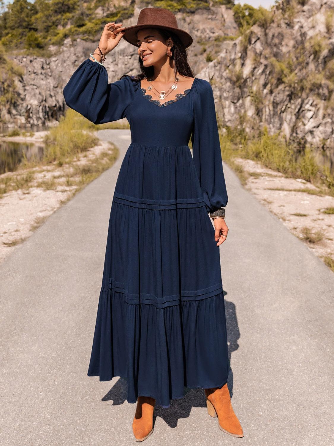 Long Sleeve Lace Trim Maxi Dress Carauana Store