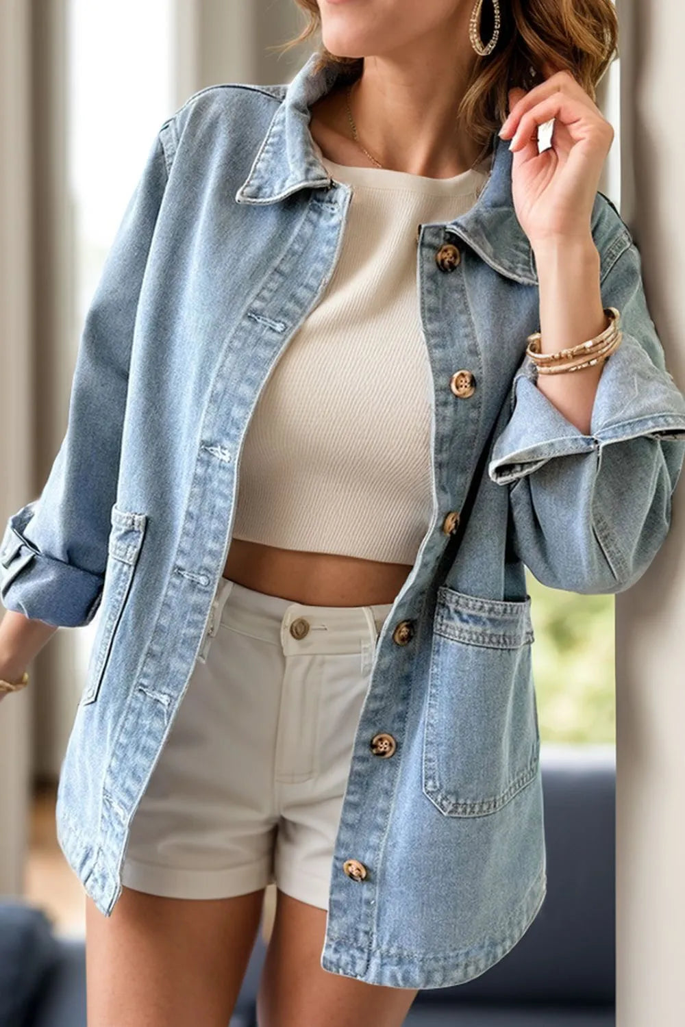 Pocketed Button Up Long Sleeve Denim Jacket Carauana Store