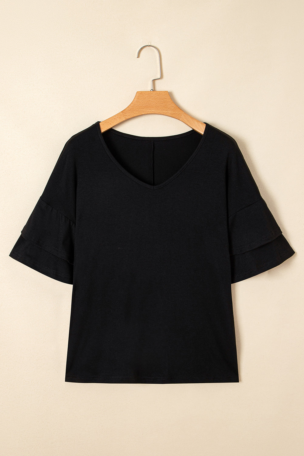 Black Solid Colour V-Neck Double Layer Sleeve Loose T-Shirt