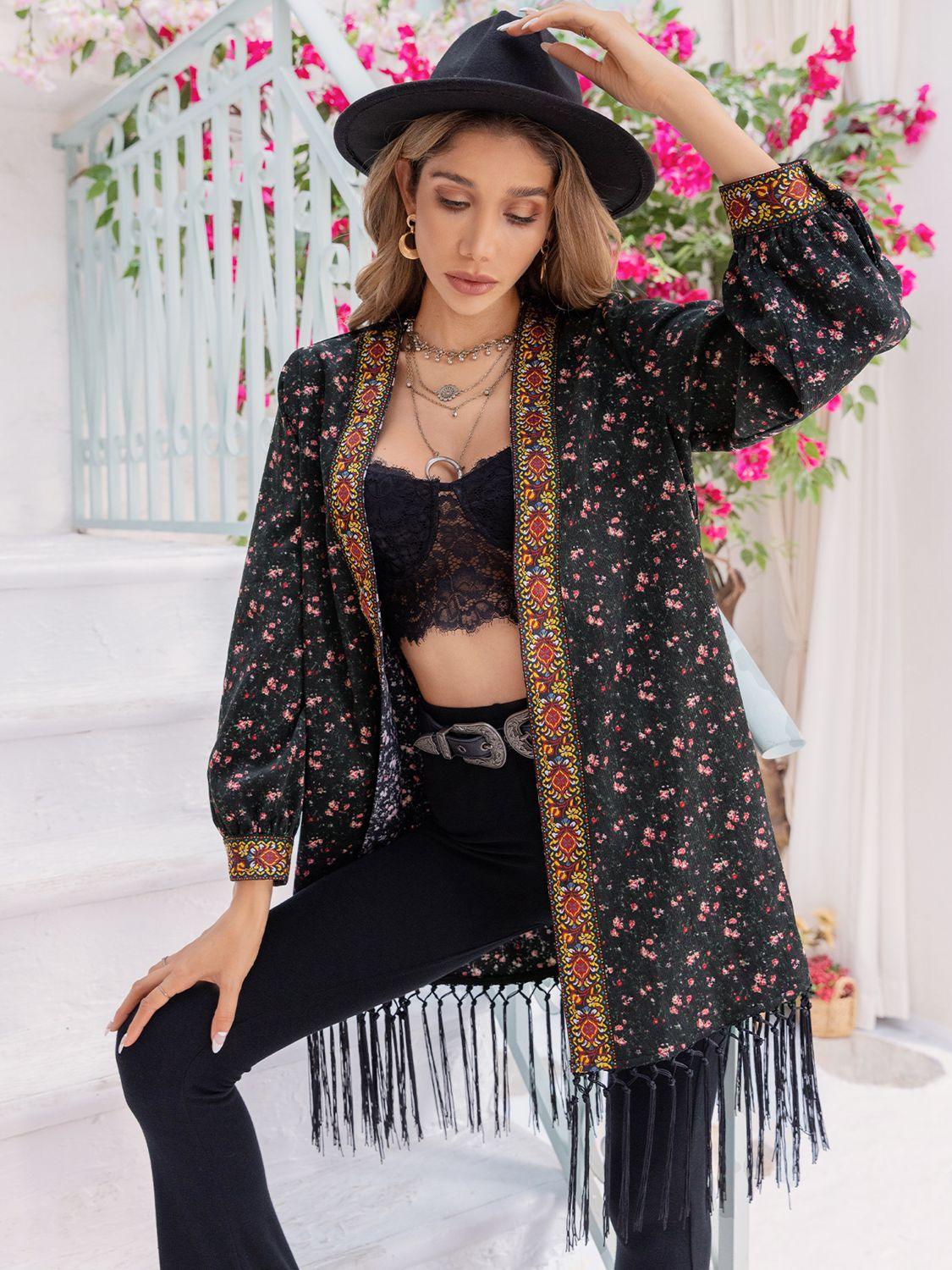 Printed Fringe Detail Cardigan Carauana Store