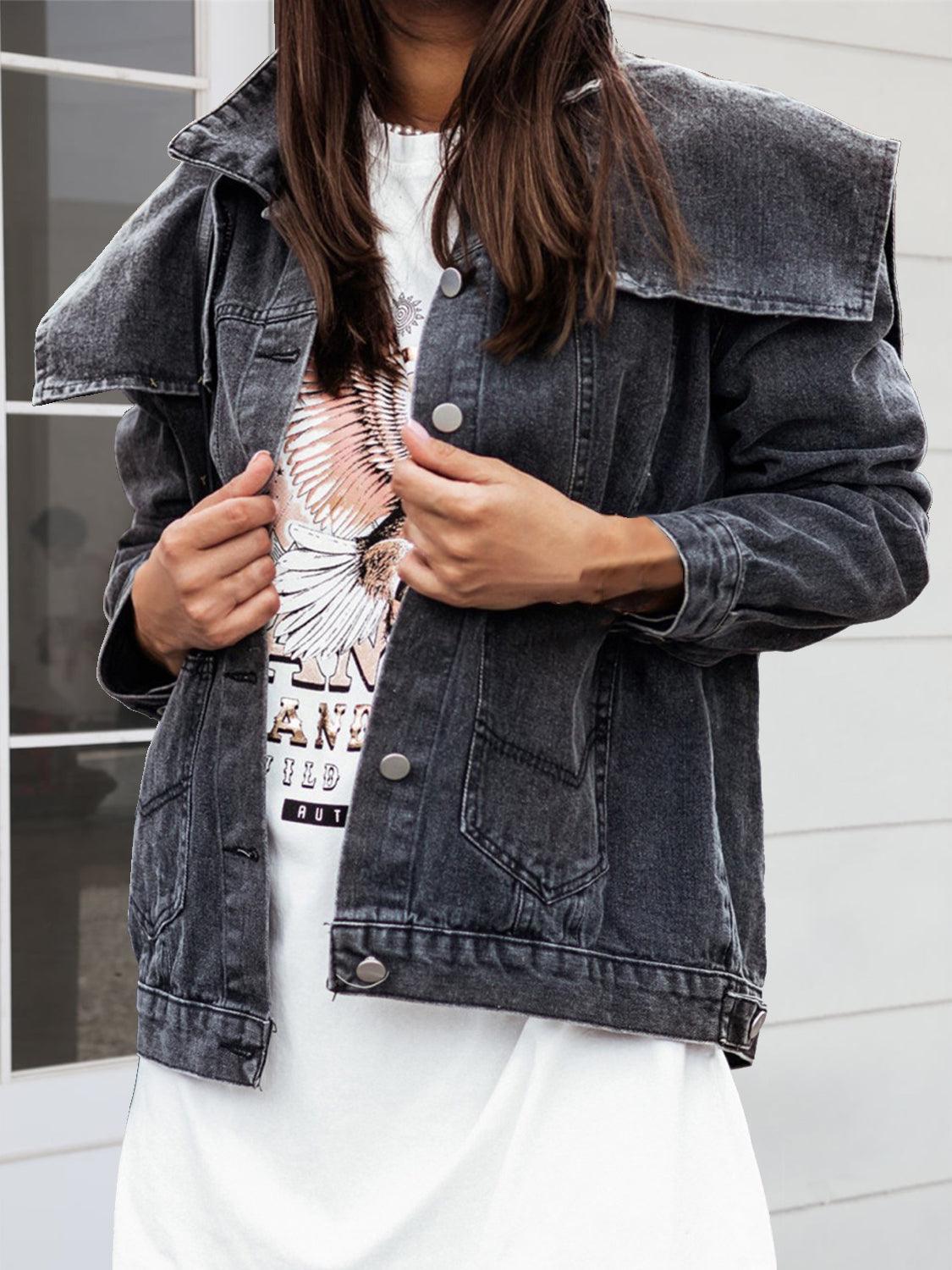 Collared Neck Button Down Denim Jacket Carauana Store