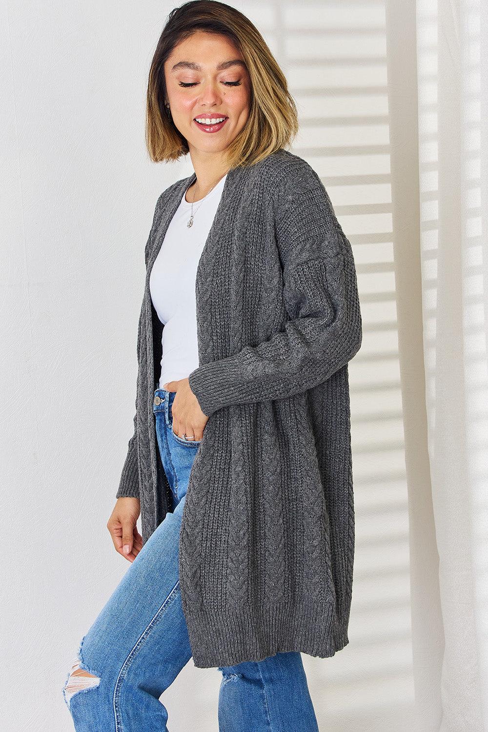 Cable-Knit Open Front Dropped Shoulder Cardigan Carauana Store