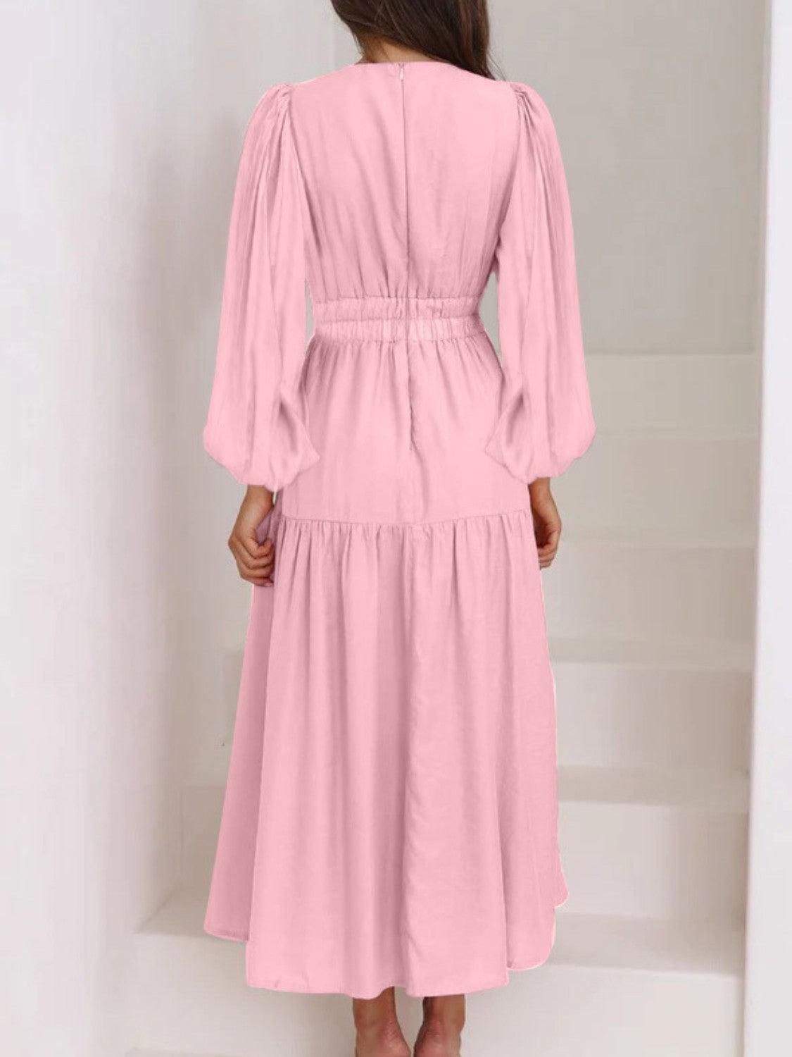 Deep V-Neck Balloon Sleeve Plain Maxi Dress Carauana Store