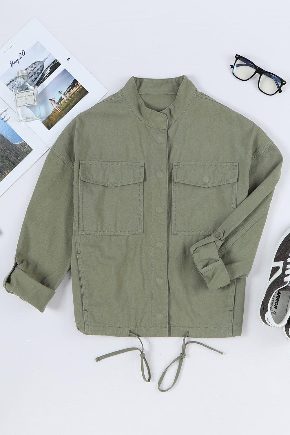 Drawstring Snap Down Dropped Shoulder Denim Jacket Carauana Store