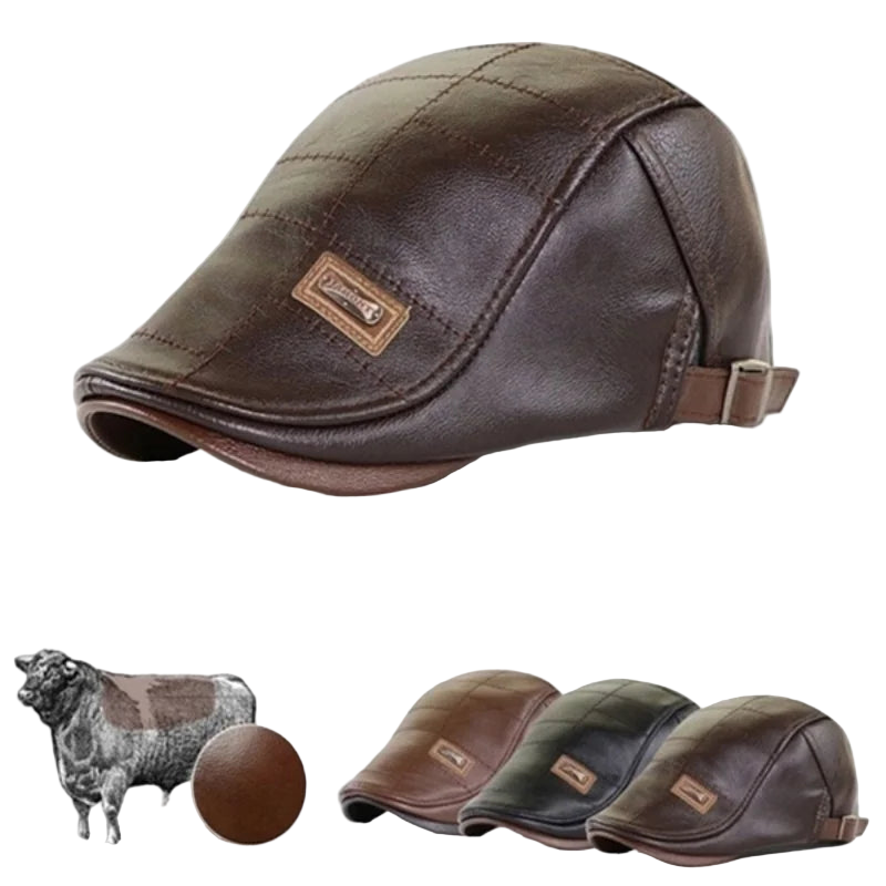 Brown leather beret with a brand logo