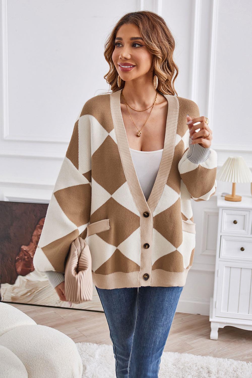Geometric Lantern Sleeve Cardigan with Pockets Carauana Store