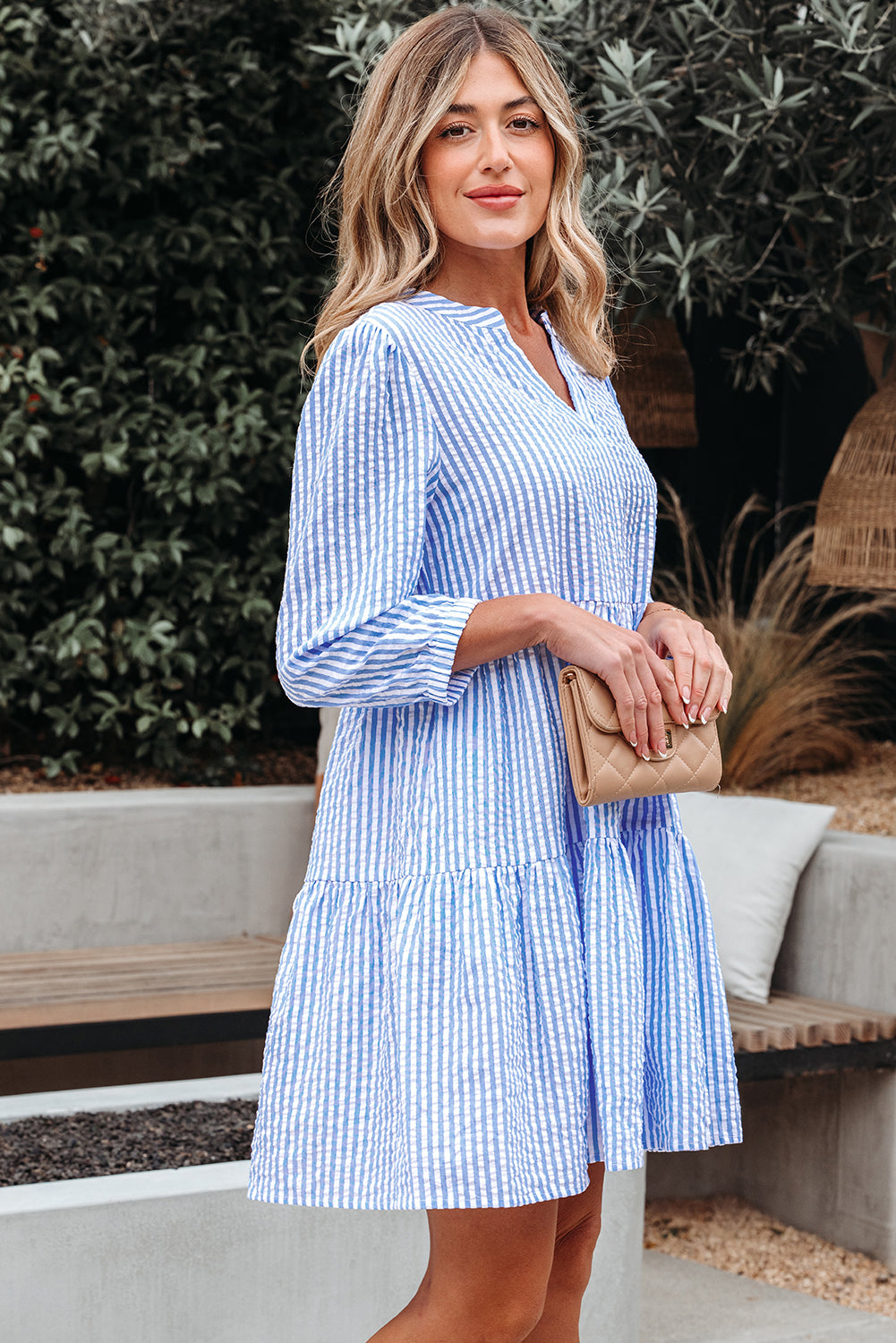 Sky Blue Stripe Bracelet Sleeve Tiered Shift Dress with Pockets