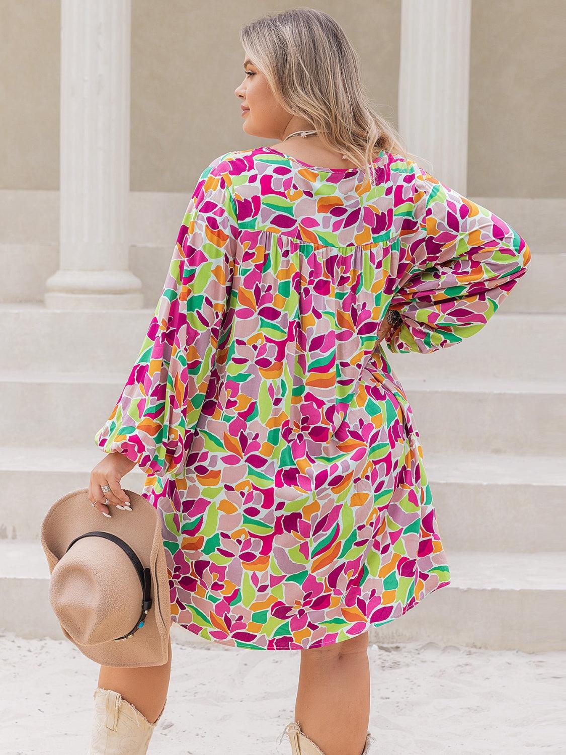 Plus Size Printed V-Neck Balloon Sleeve Mini Dress Carauana Store