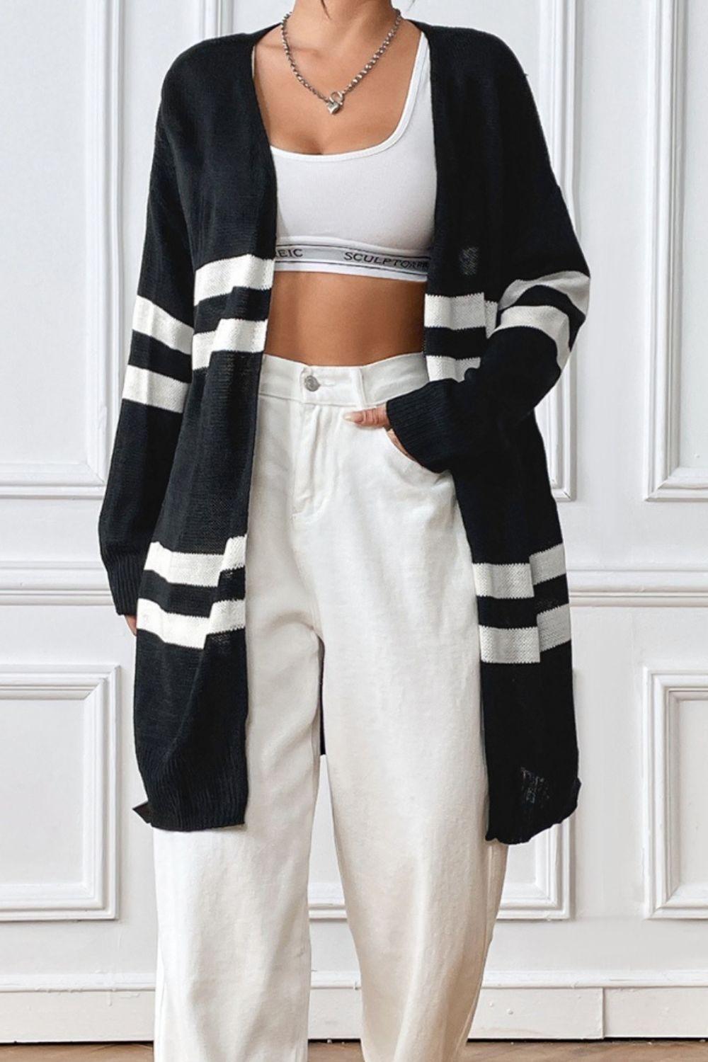 Striped Open Front Dropped Shoulder Cardigan Carauana Store