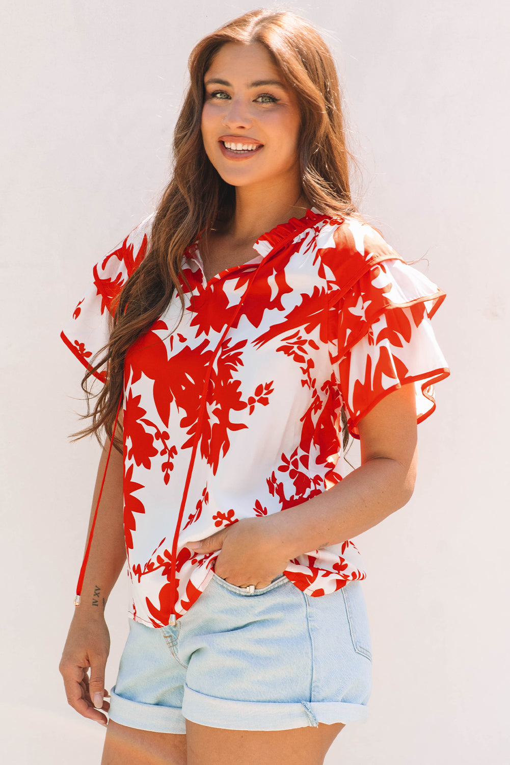 Red Plant Print Tiered Ruffled Sleeve V Neck Blouse