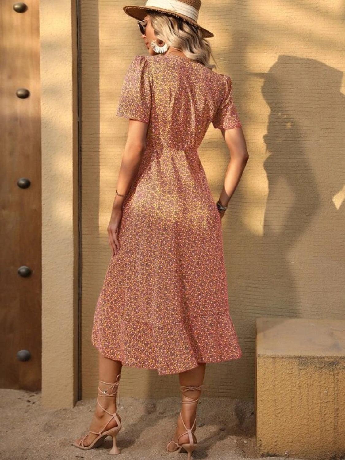 Ruffled Surplice Short Sleeve Midi Dress Carauana Store