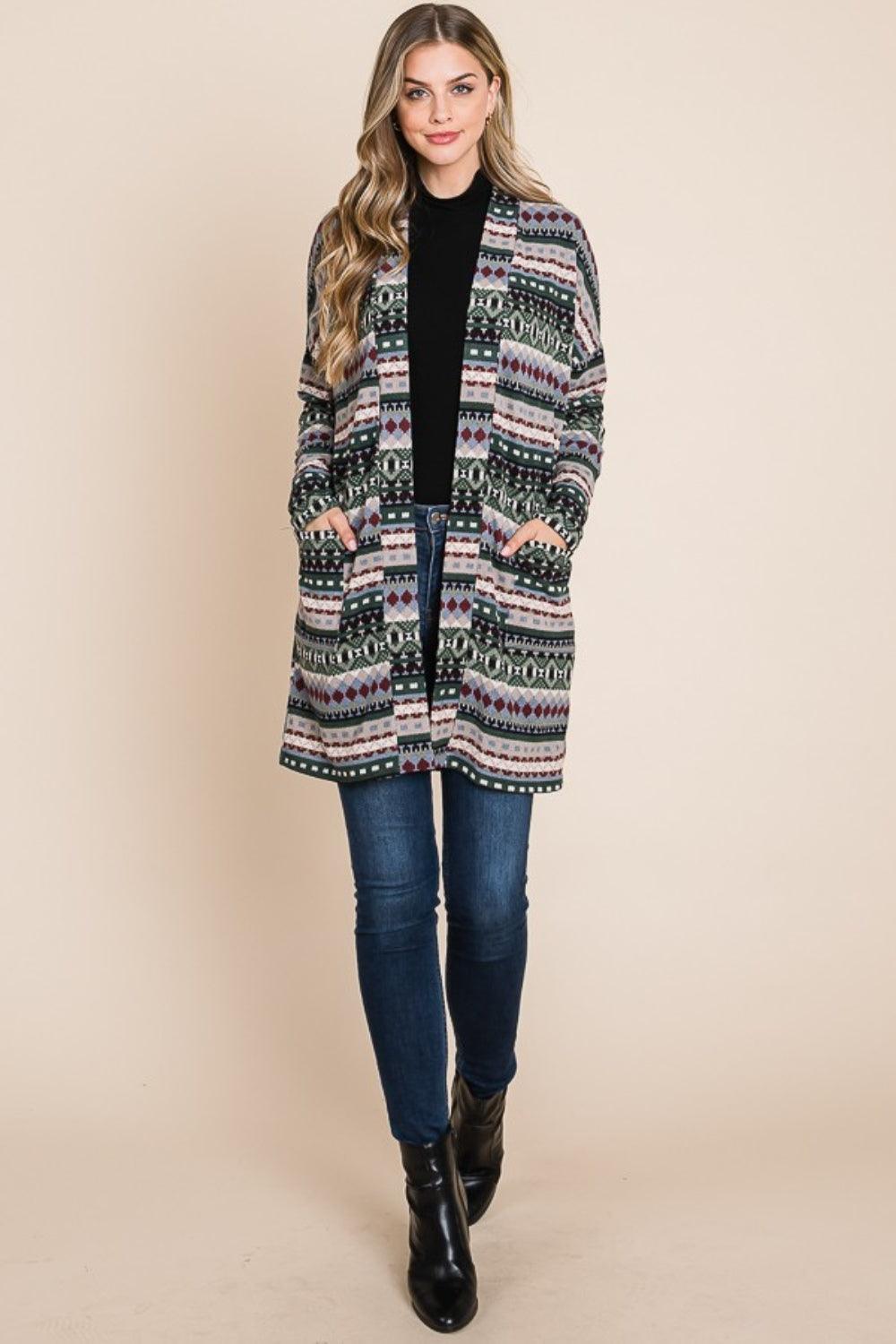 BOMBOM Geometric Open Front Long Sleeve Cardigan with Pockets Carauana Store