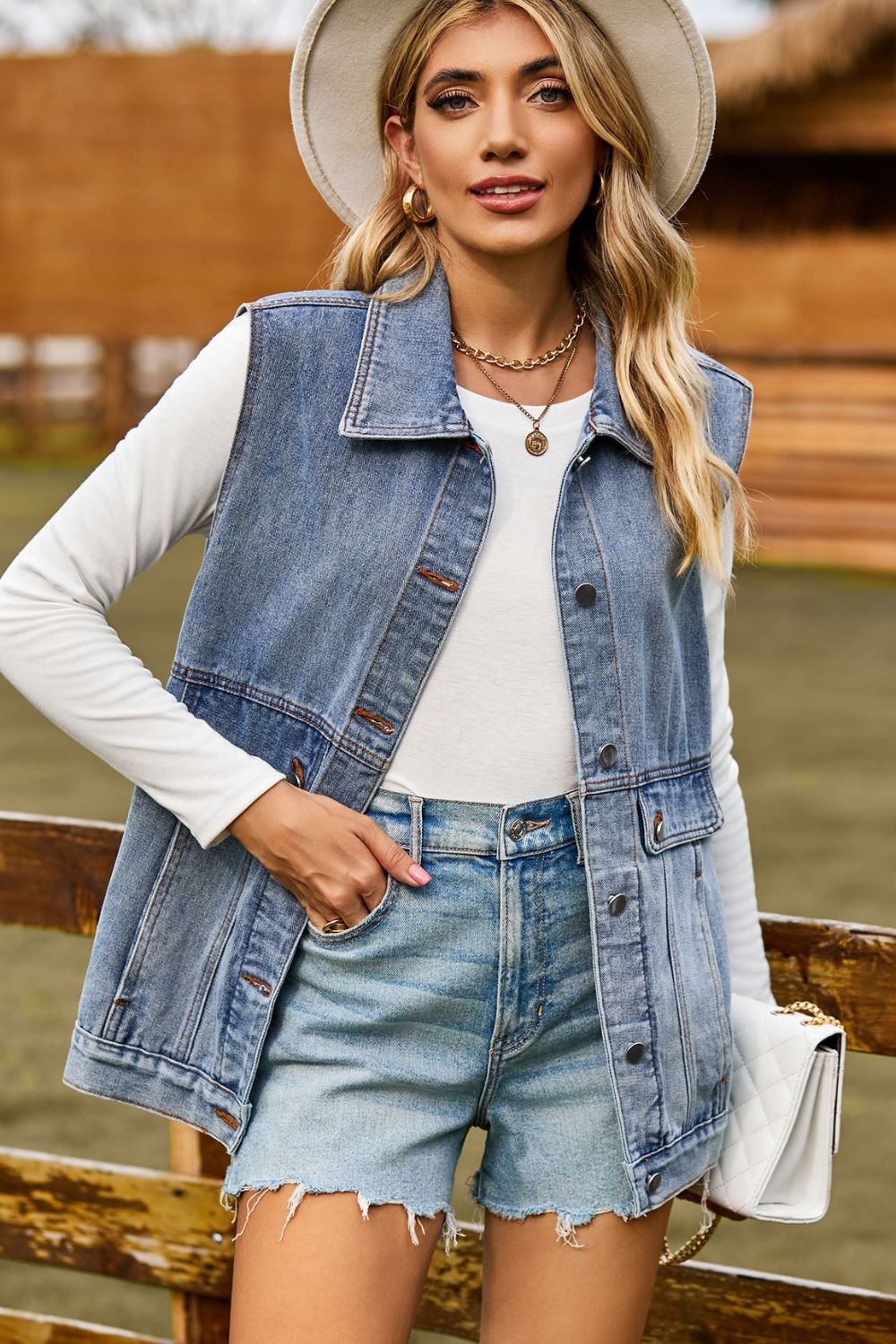 Sleeveless Collared Neck Denim Top with Pockets Carauana Store