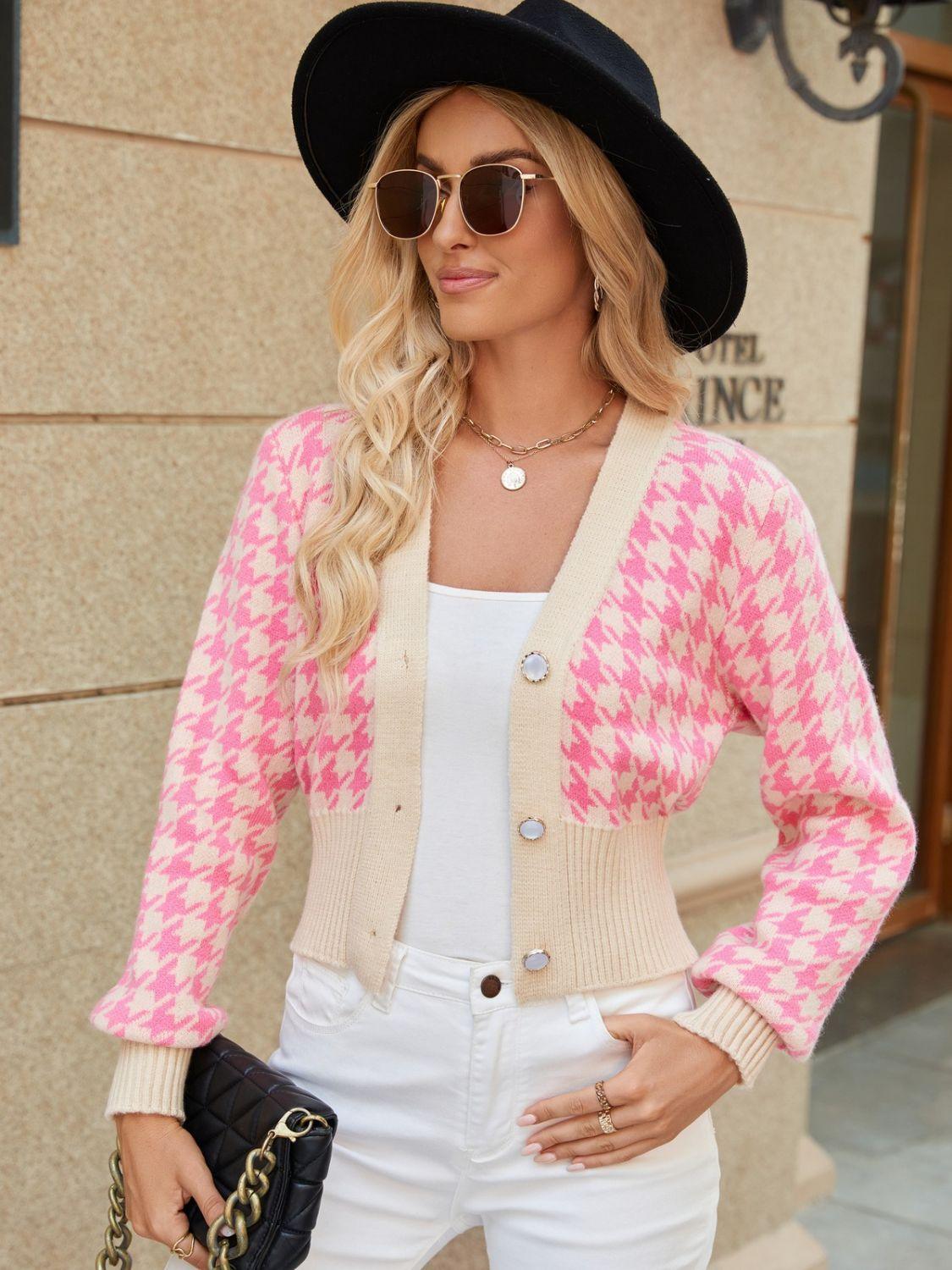 Houndstooth Button Up Long Sleeve Cardigan Carauana Store