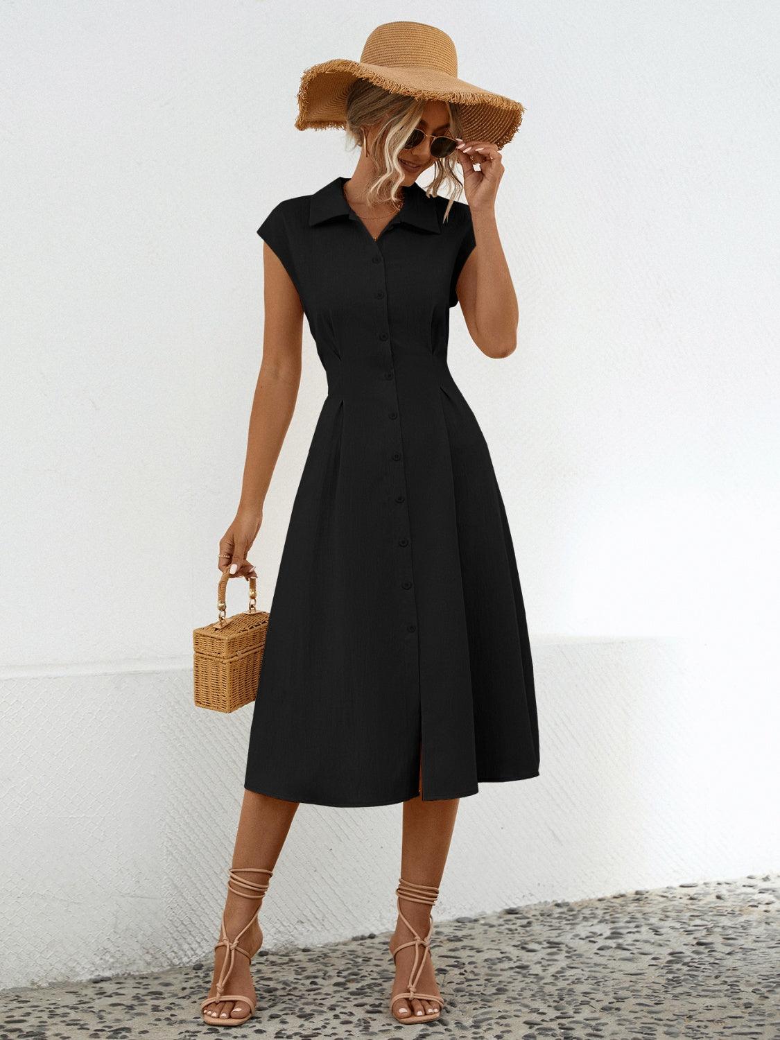 Button Up Cap Sleeve Midi Dress Carauana Store