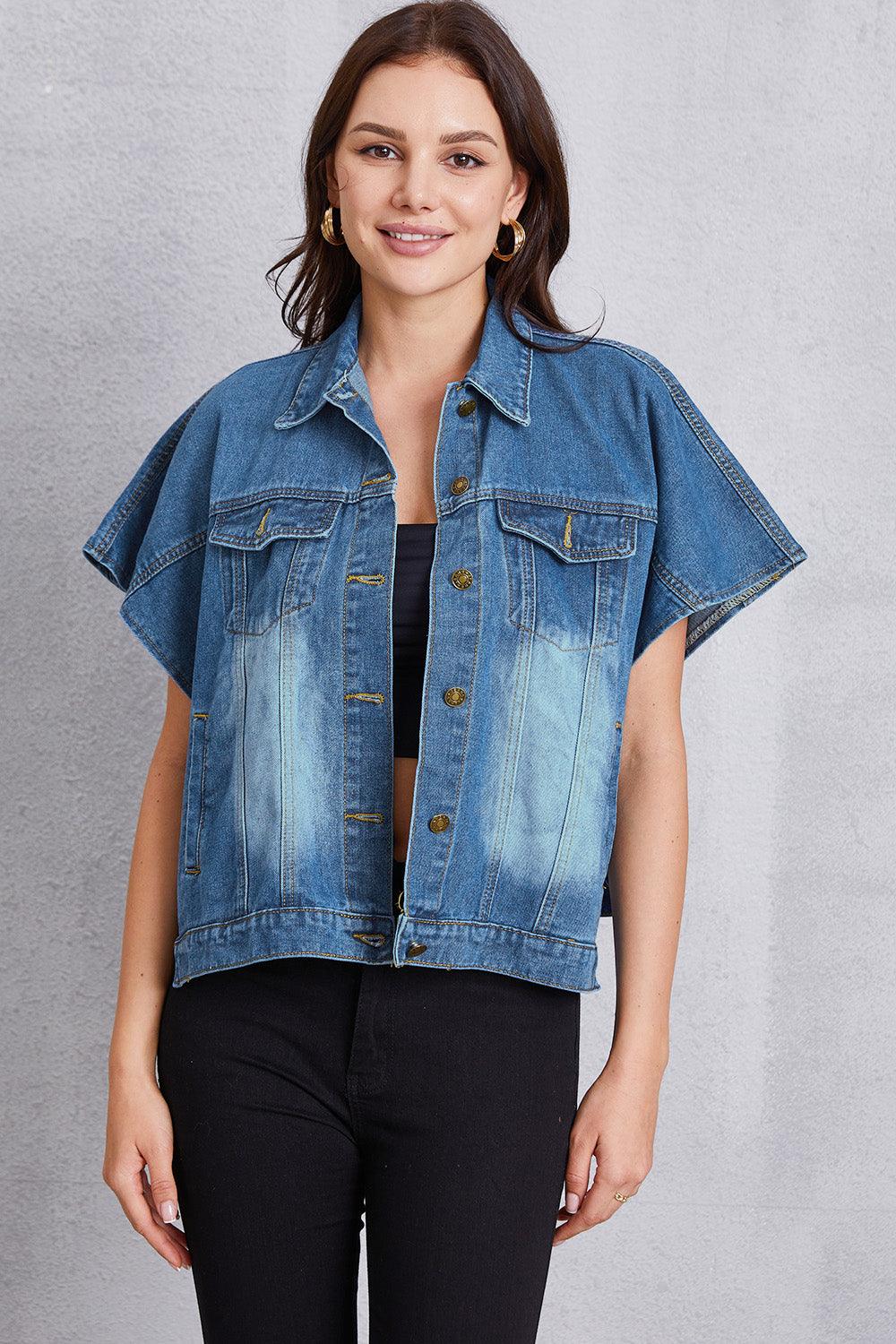 Pocketed Button Up Short Sleeve Denim Top Carauana Store