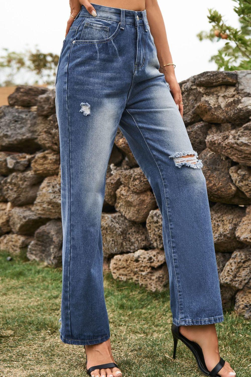 Distressed Buttoned Loose Fit Jeans Carauana Store