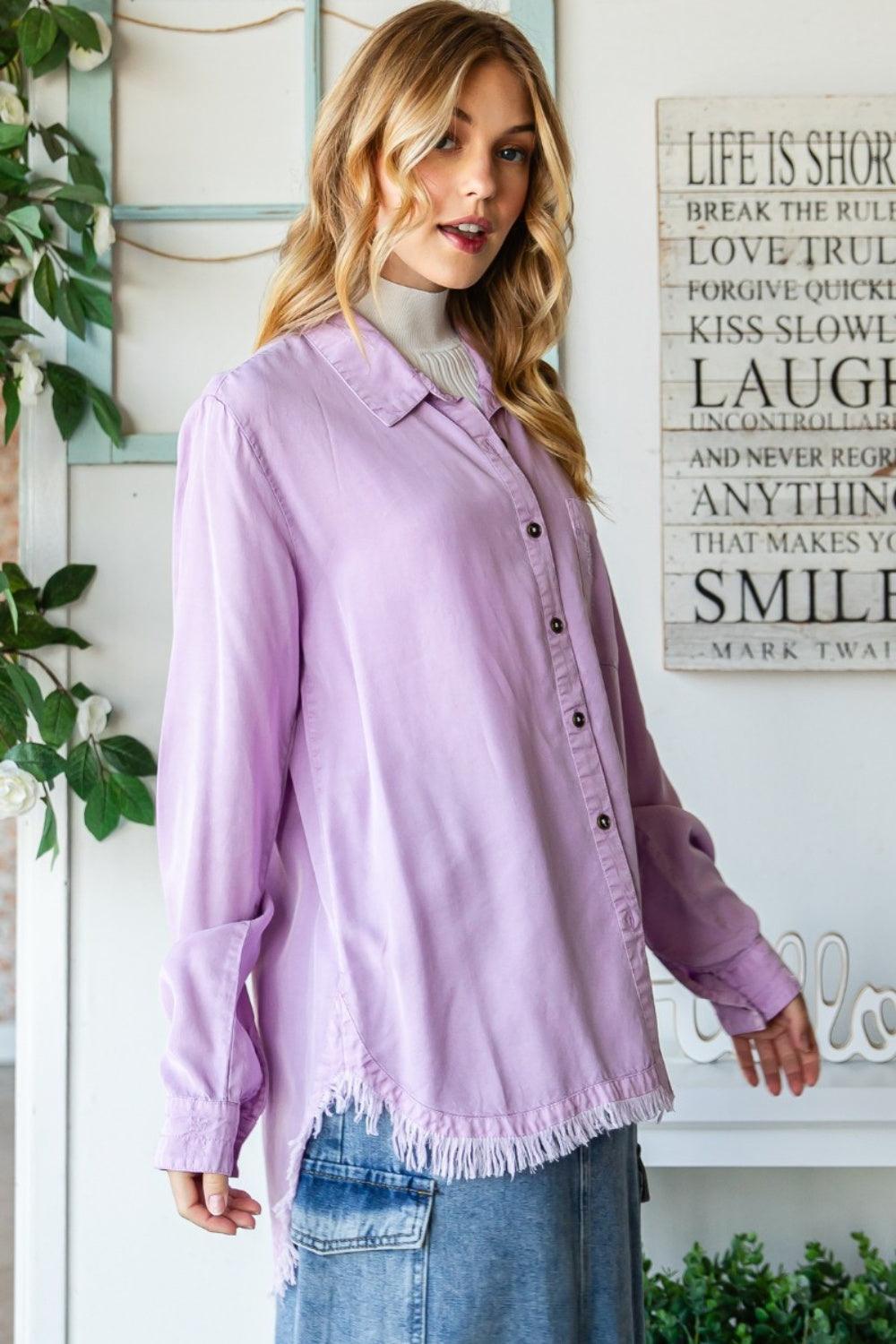 Veveret Raw Hem Button Up Long Sleeve Shirt Carauana Store