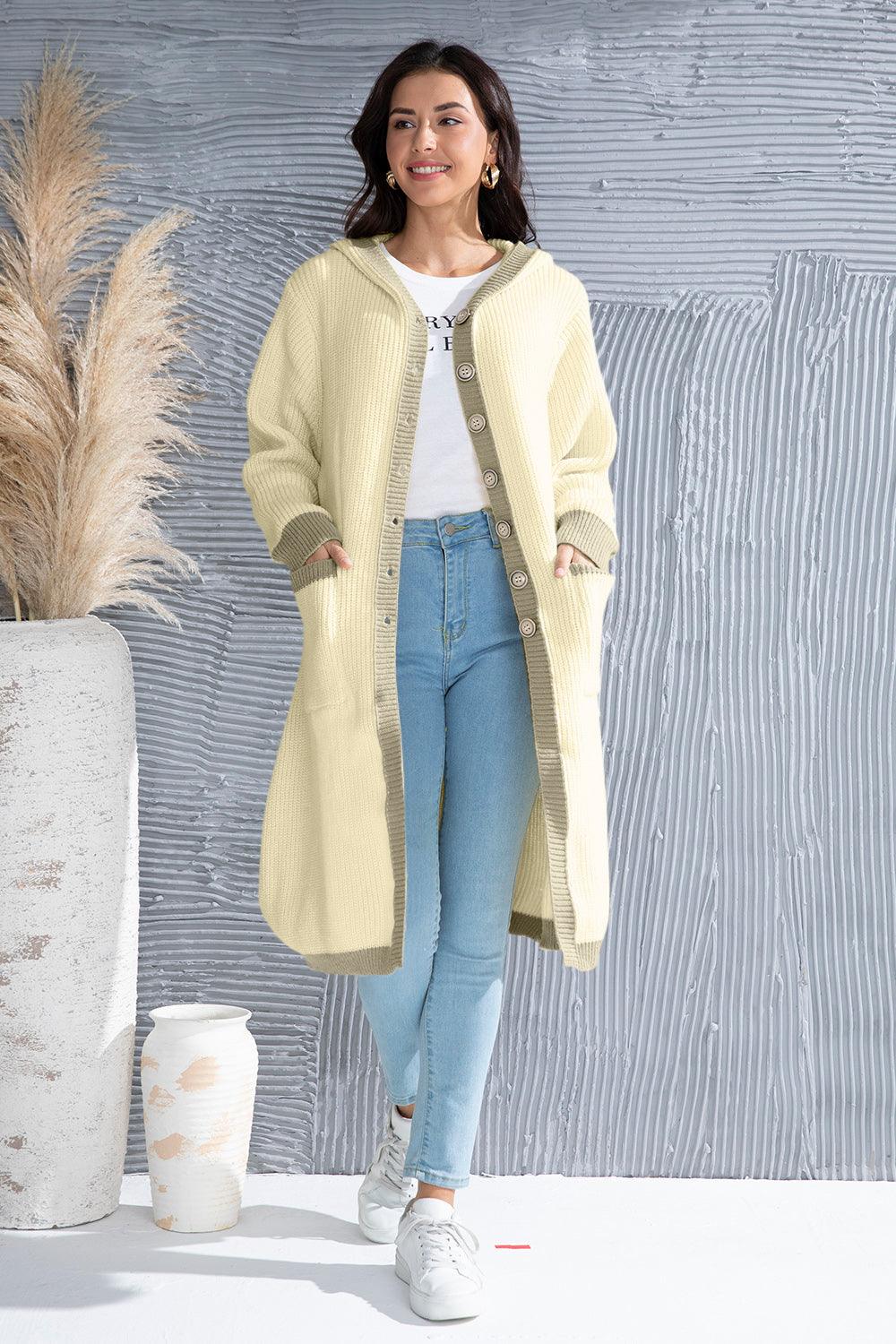 Button Up Contrast Trim Hooded Cardigan Carauana Store