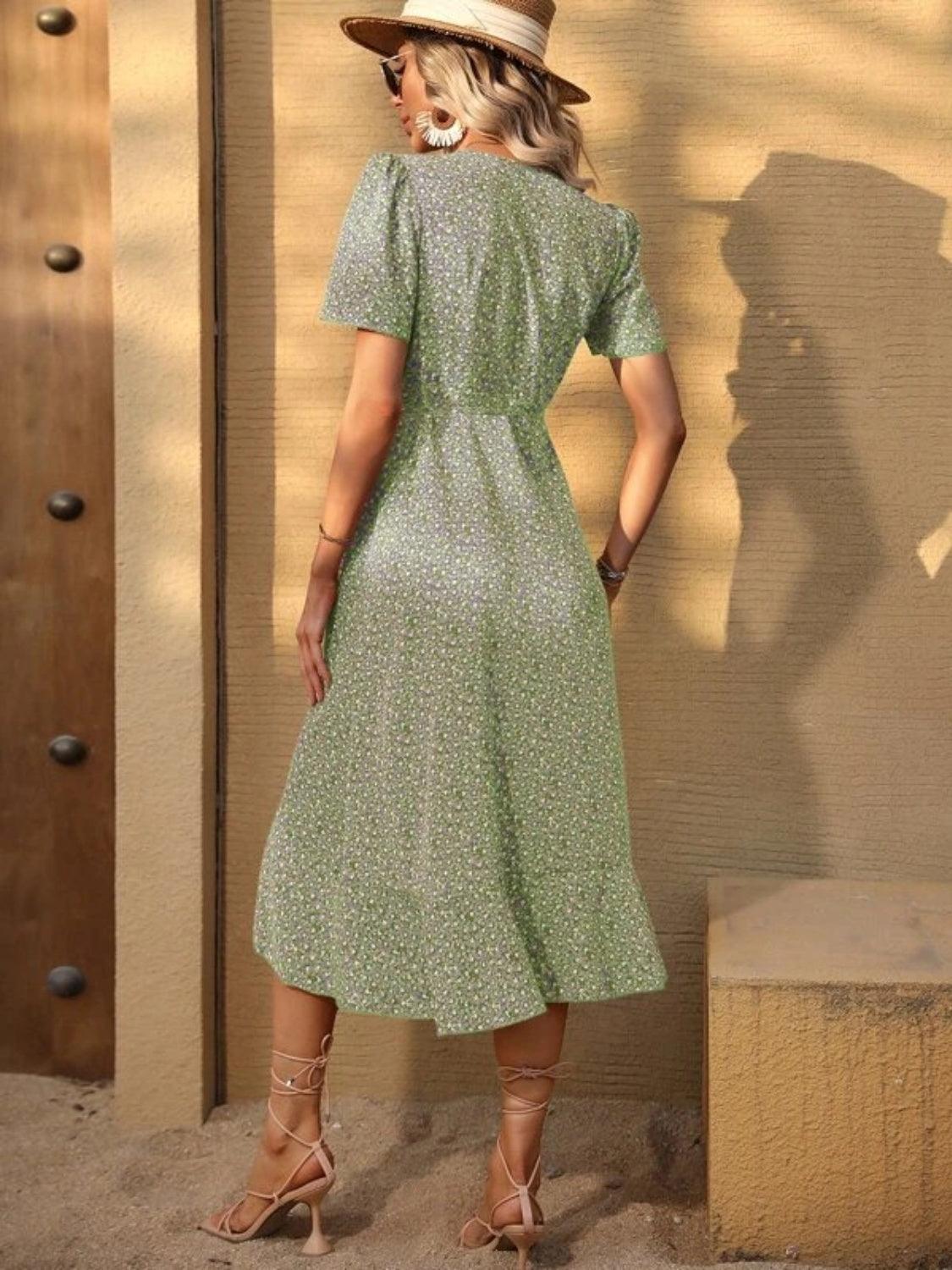 Ruffled Surplice Short Sleeve Midi Dress Carauana Store