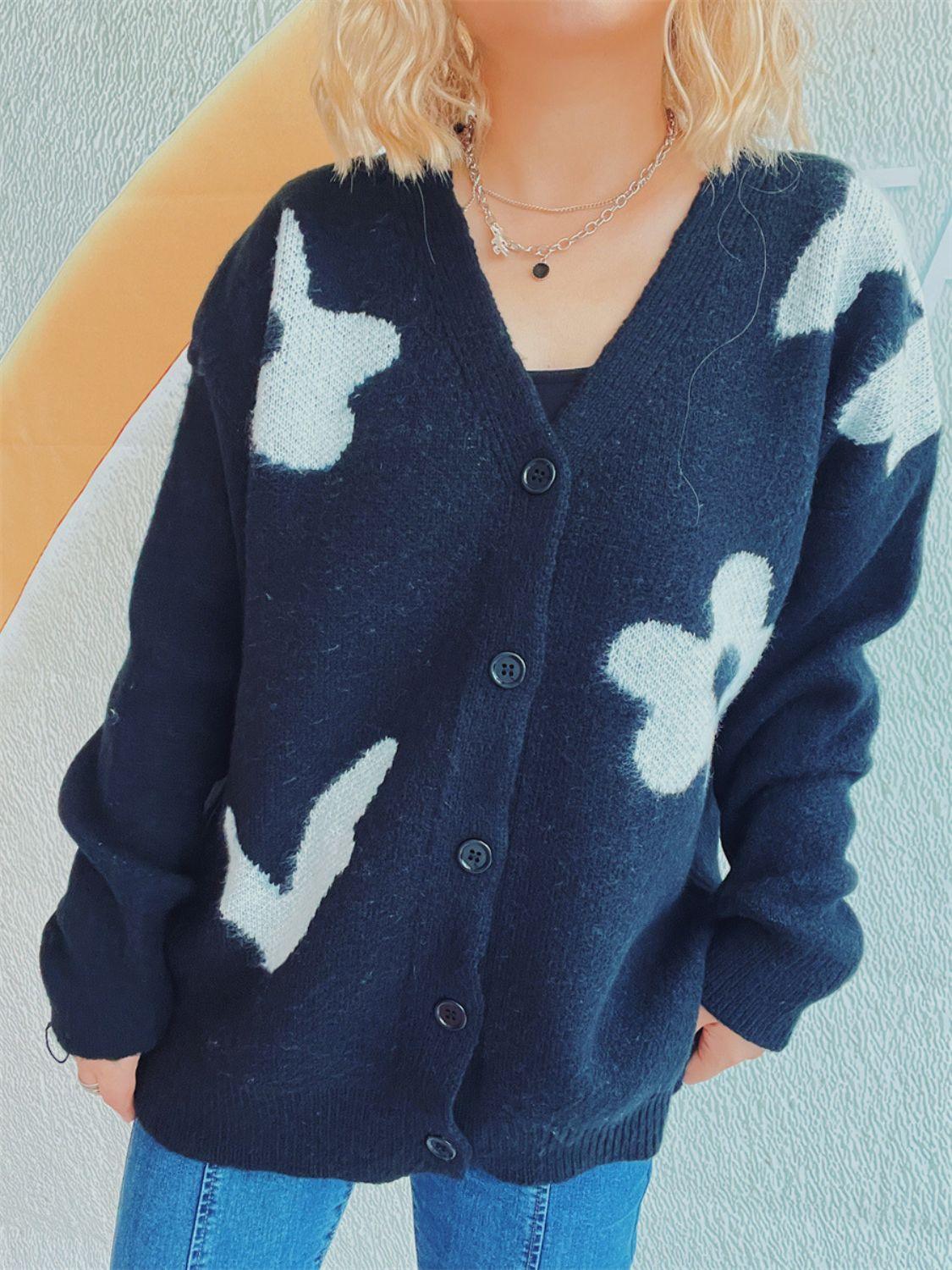 Flower Button Down V-Neck Long Sleeve Cardigan Carauana Store