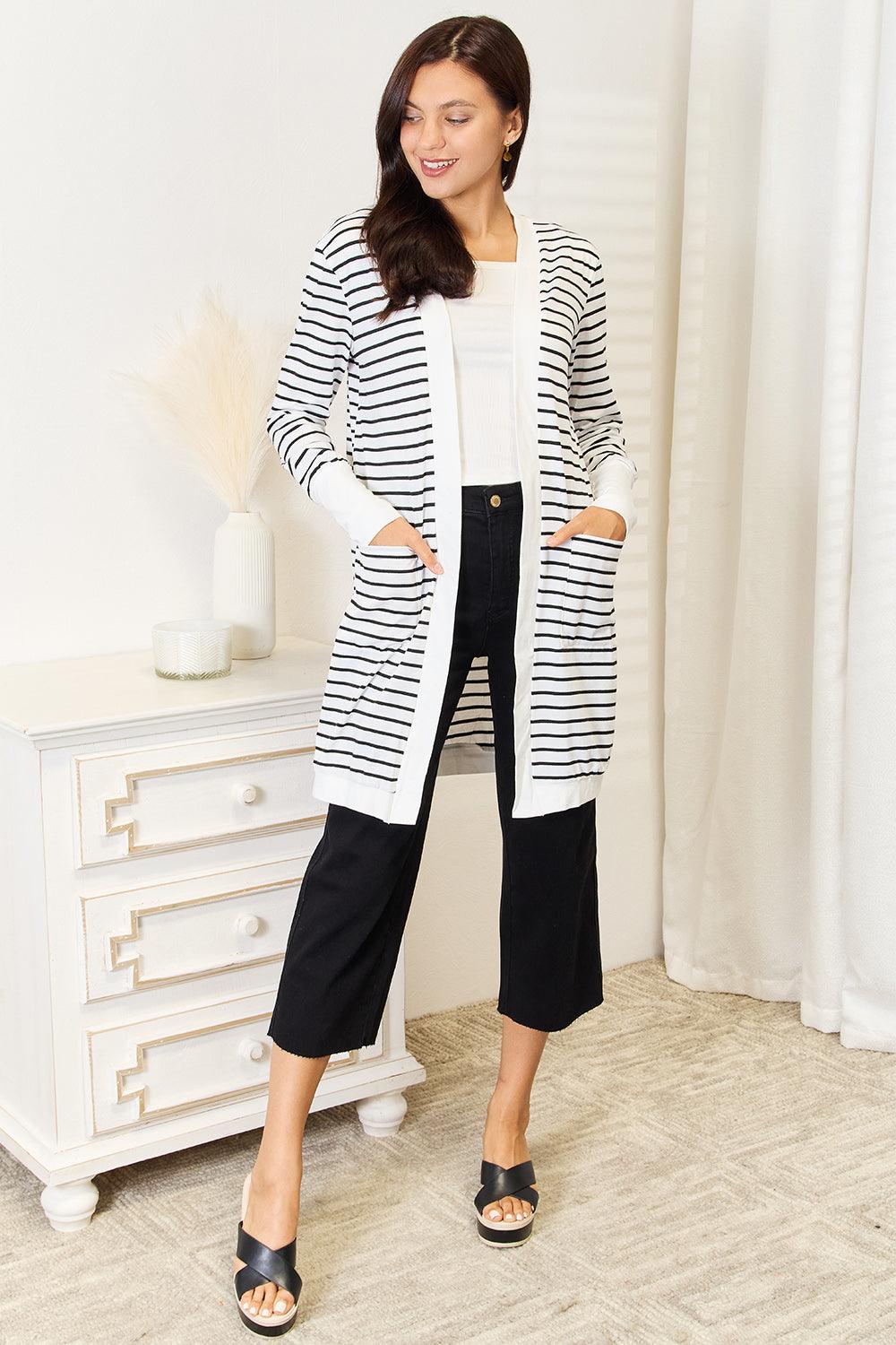 Double Take Striped Open Front Longline Cardigan Carauana Store